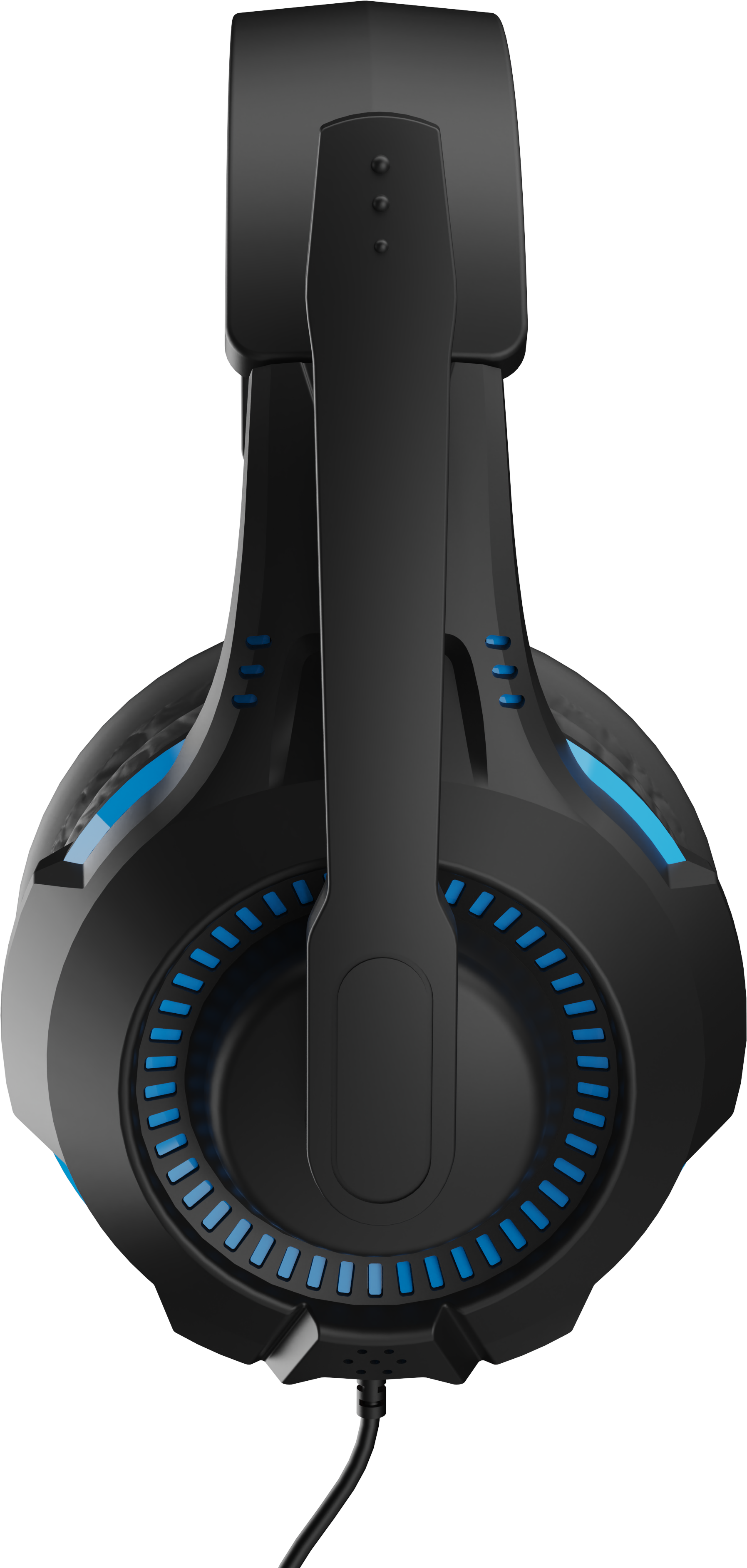 Fekete gamer headset kék díszítéssel. Mikrofonnal, fülkagylókkal és csatlakozó kábellel. Fekete háttér előtt.