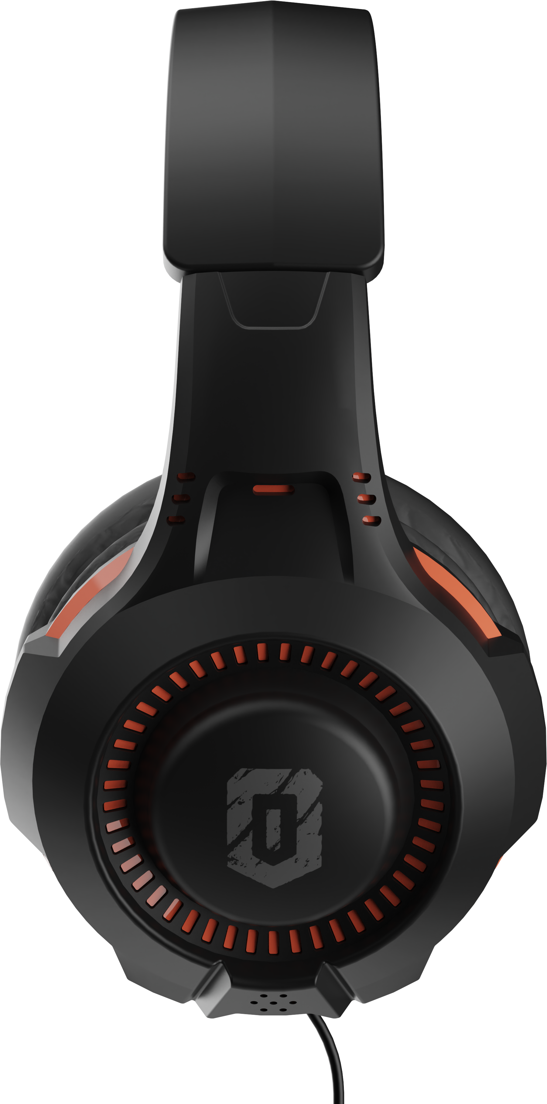 Fekete gamer fejhallgató narancssárga betétekkel. Fülkagylóján logó látható. Egy kábel lóg le. A háttér fekete.