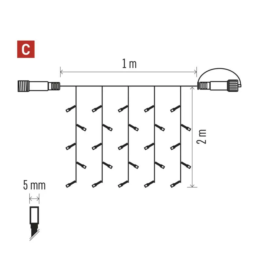 Egy fényfüzér diagramja. 1 m széles és 2 m hosszú, a lámpák között 5 mm-es távolság van.