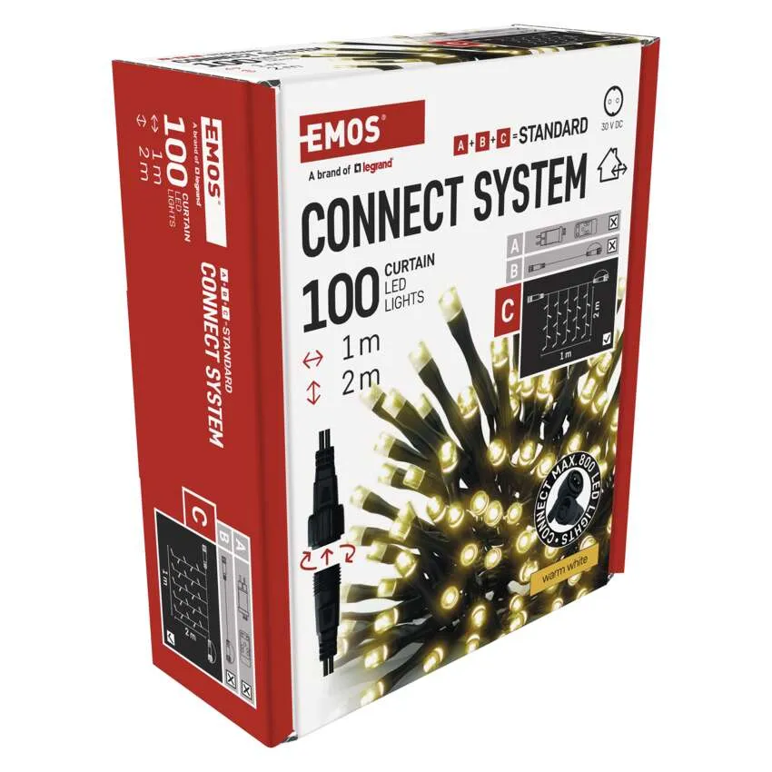 EMOS Connect System LED függönyfény doboz, 100 lámpa, meleg fehér, diagramokkal és specifikációkkal.