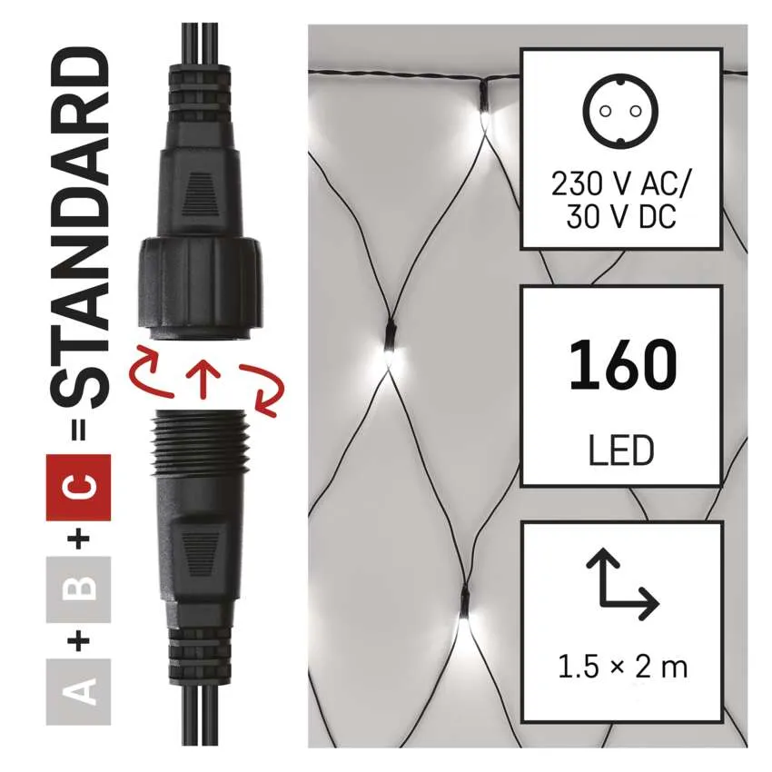 A kép egy csatlakozót, LED-es hálózat specifikációit, feszültség- és méretadatokat mutat. A szöveg a következőket írja: 'STANDARD', '160 LED' és a méretek 1,5 x 2 m.