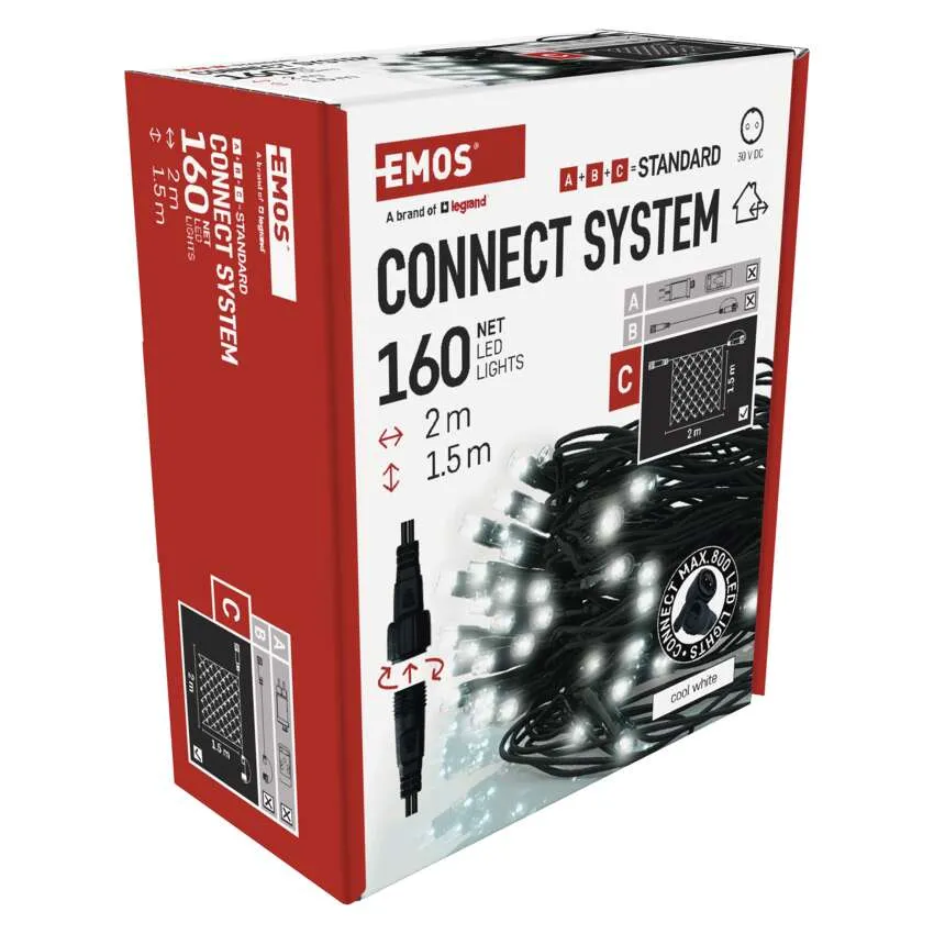 EMOS Connect System 160 LED lámpák doboza. Jellemzők: hidegfehér lámpák és egy 2m x 1,5m méretű diagram.