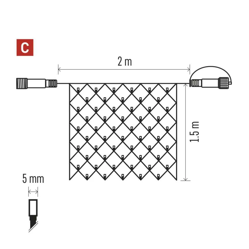 Diagram fekete hálót mutat, méretekkel: 2 m széles, 1,5 m magas, 5 mm vastag. Csatlakozók mindkét végén.