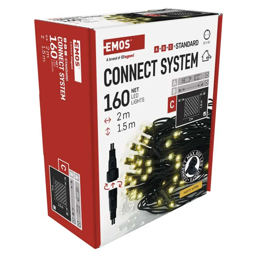 EMOS Connect System 160 LED-es lámpák doboza. Jellemzők: hálólámpák, 2 m hosszúság, meleg fehér fény.