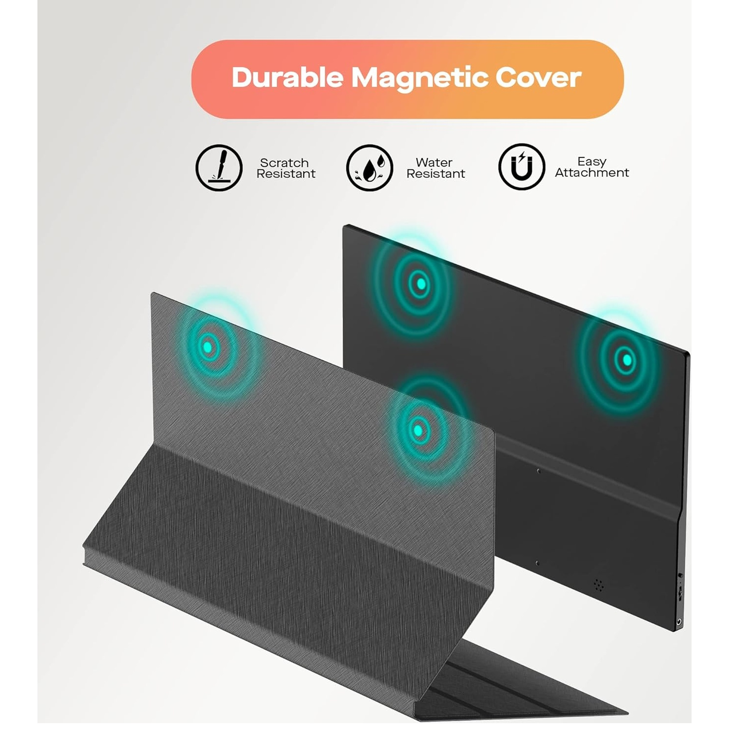 Image shows a durable magnetic cover for a device. Features include scratch and water resistance, and easy attachment. Two covers are displayed.