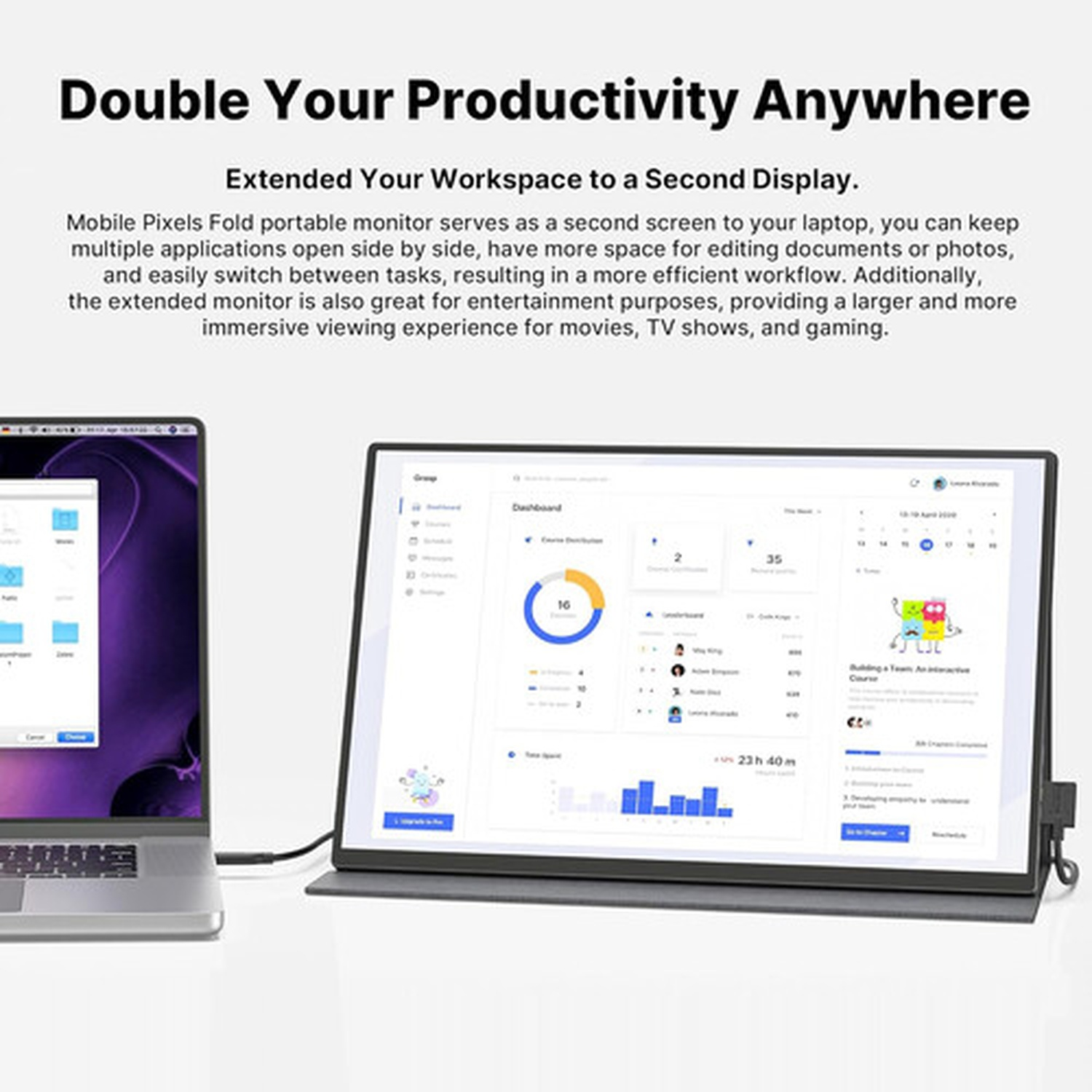 Laptop and a second screen displaying a dashboard with data. Connected by a black cable, promoting productivity.