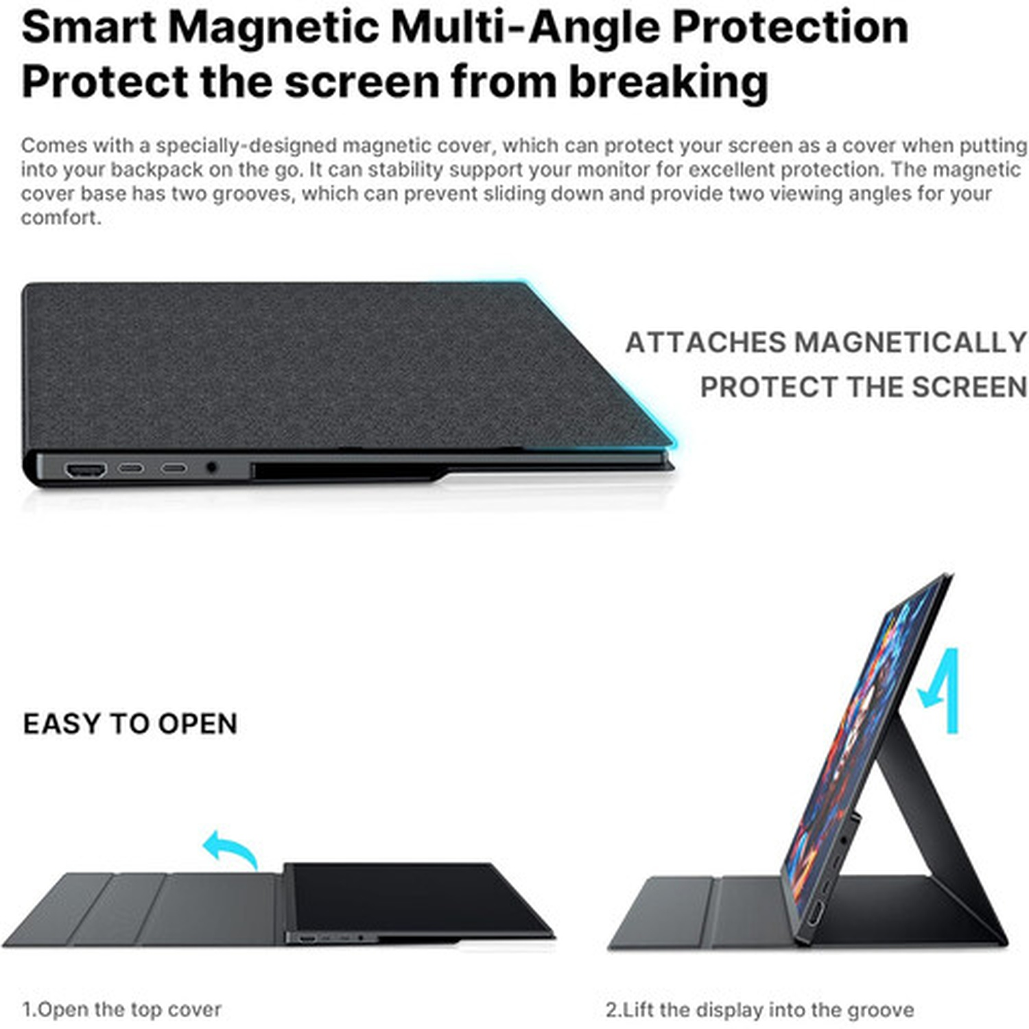 A magnetic cover protects a screen. It opens, and the display lifts into a groove. The cover offers multi-angle viewing.