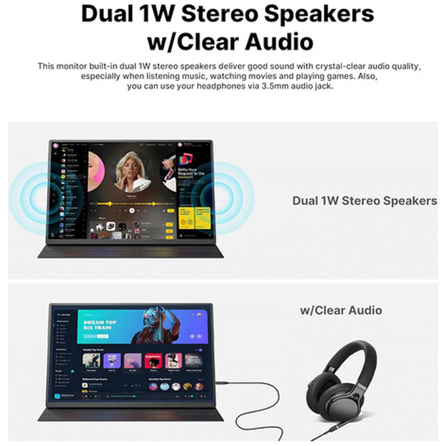 Image shows a monitor with two screens, headphones, and text about dual speakers and clear audio quality.