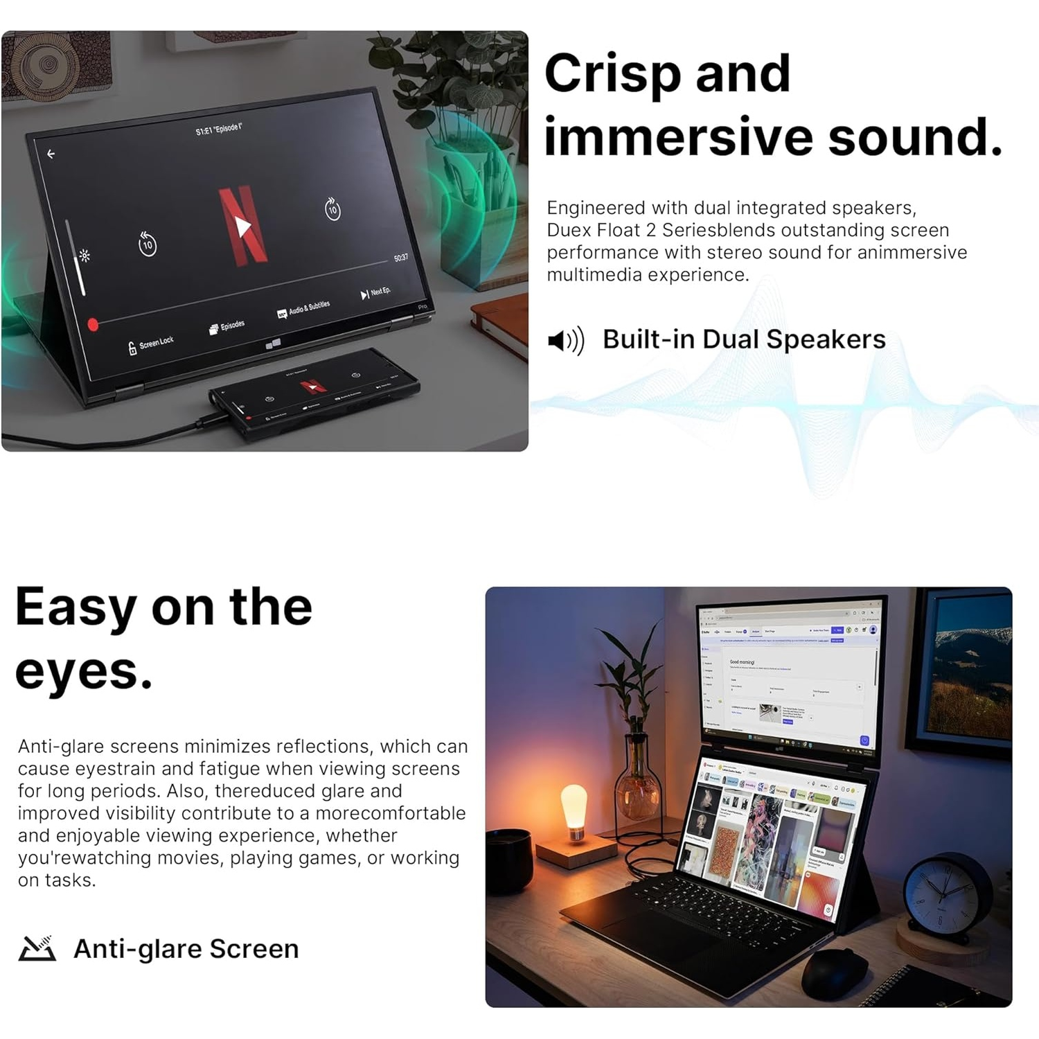 A laptop with a second screen is on a desk. A lamp, clock, and vase are also on the desk. The laptop shows a webpage.