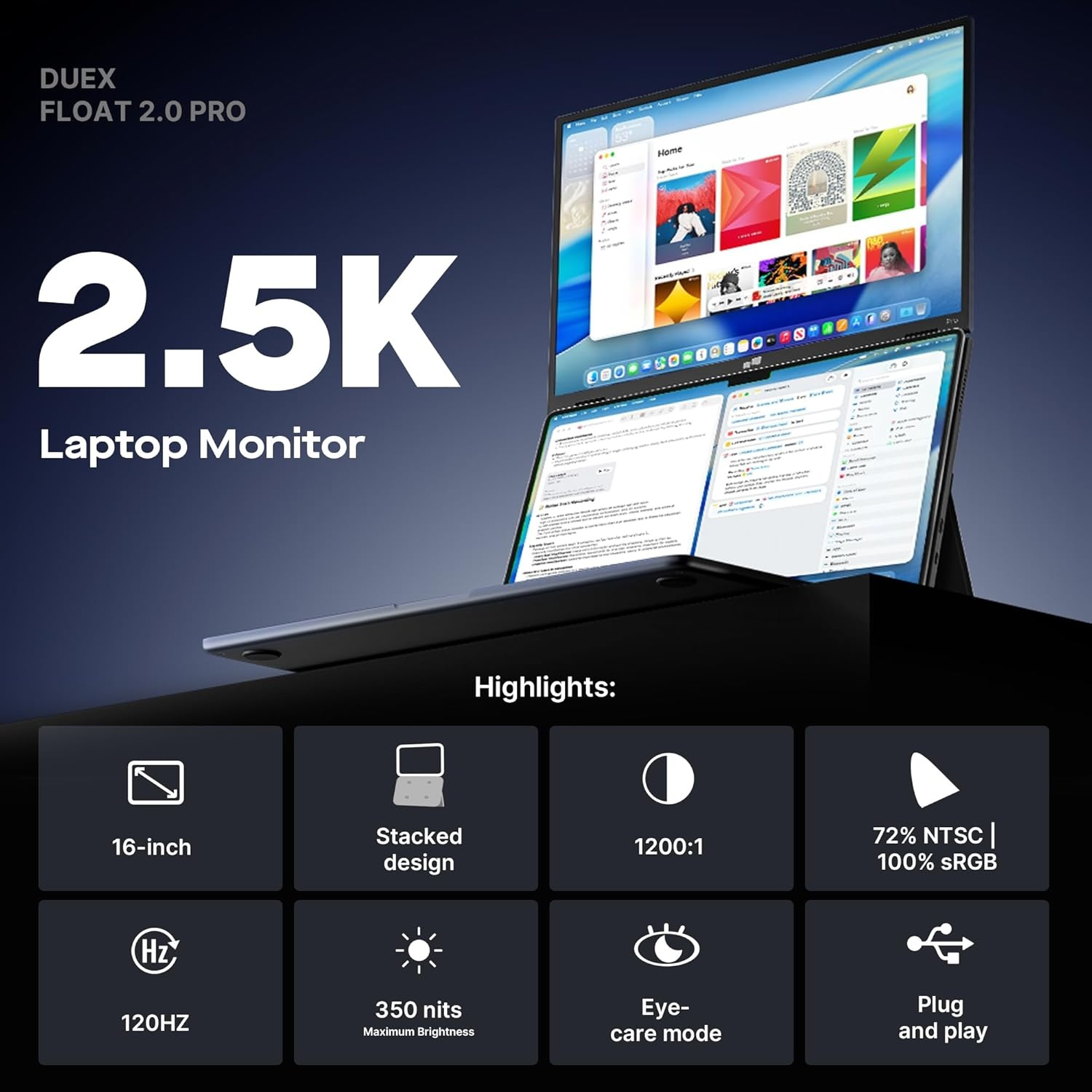 A laptop monitor with a stacked design. The screen displays a home page with various apps and highlights like 16-inch, 120HZ, and eye-care mode.