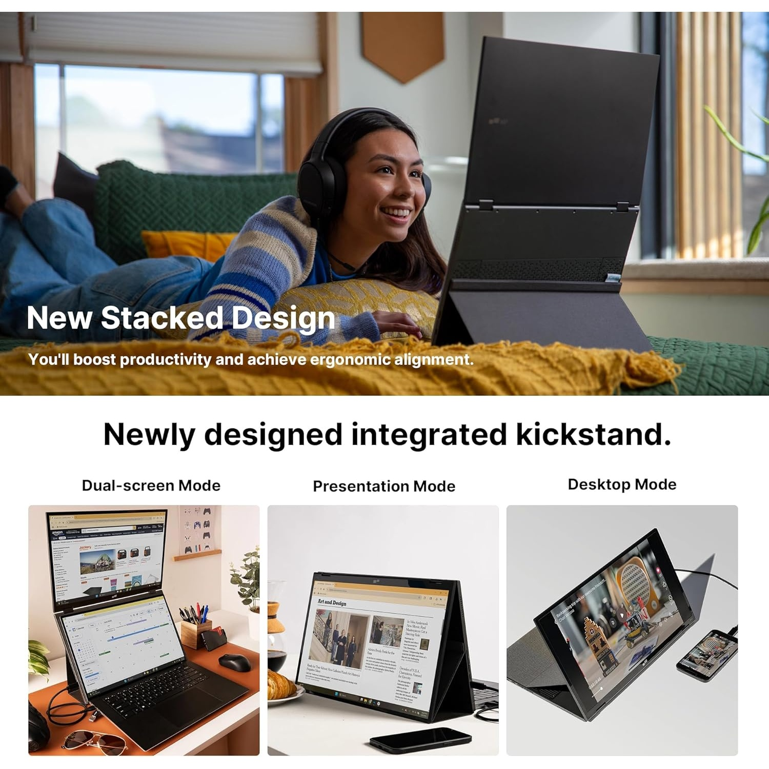 A woman wearing headphones looks at a laptop. The laptop is propped up with a kickstand. The image shows Dual-screen, Presentation, and Desktop modes.