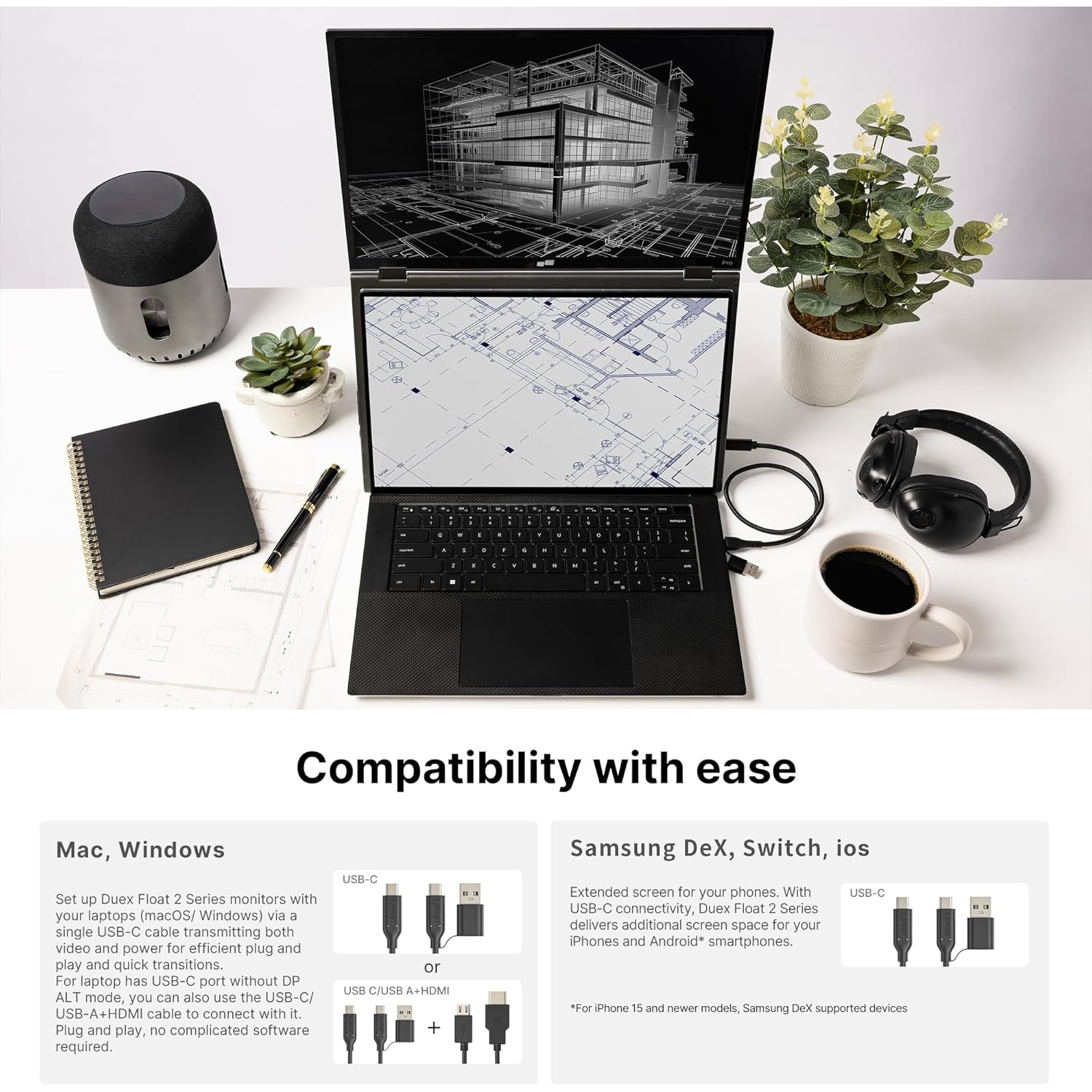 Laptop displaying architectural plans, surrounded by accessories like headphones, coffee, and a speaker. Text about compatibility.