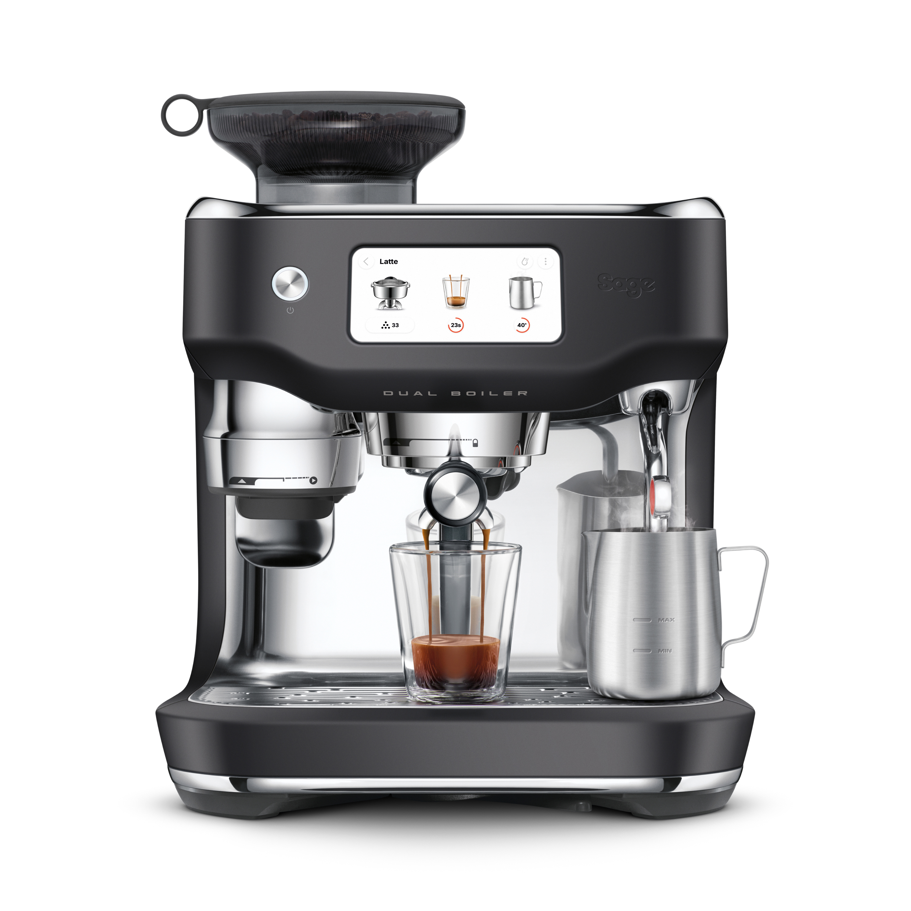 Espressomaschine. Schwarz mit silbernen Akzenten, ein Bildschirm zeigt Latte-Einstellungen an. Ein Glas füllt sich mit Kaffee.