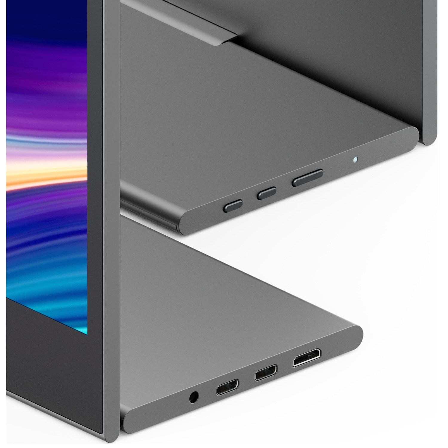 Close-up of a gray laptop's edge, showing ports and buttons. The screen displays colorful graphics. White background.