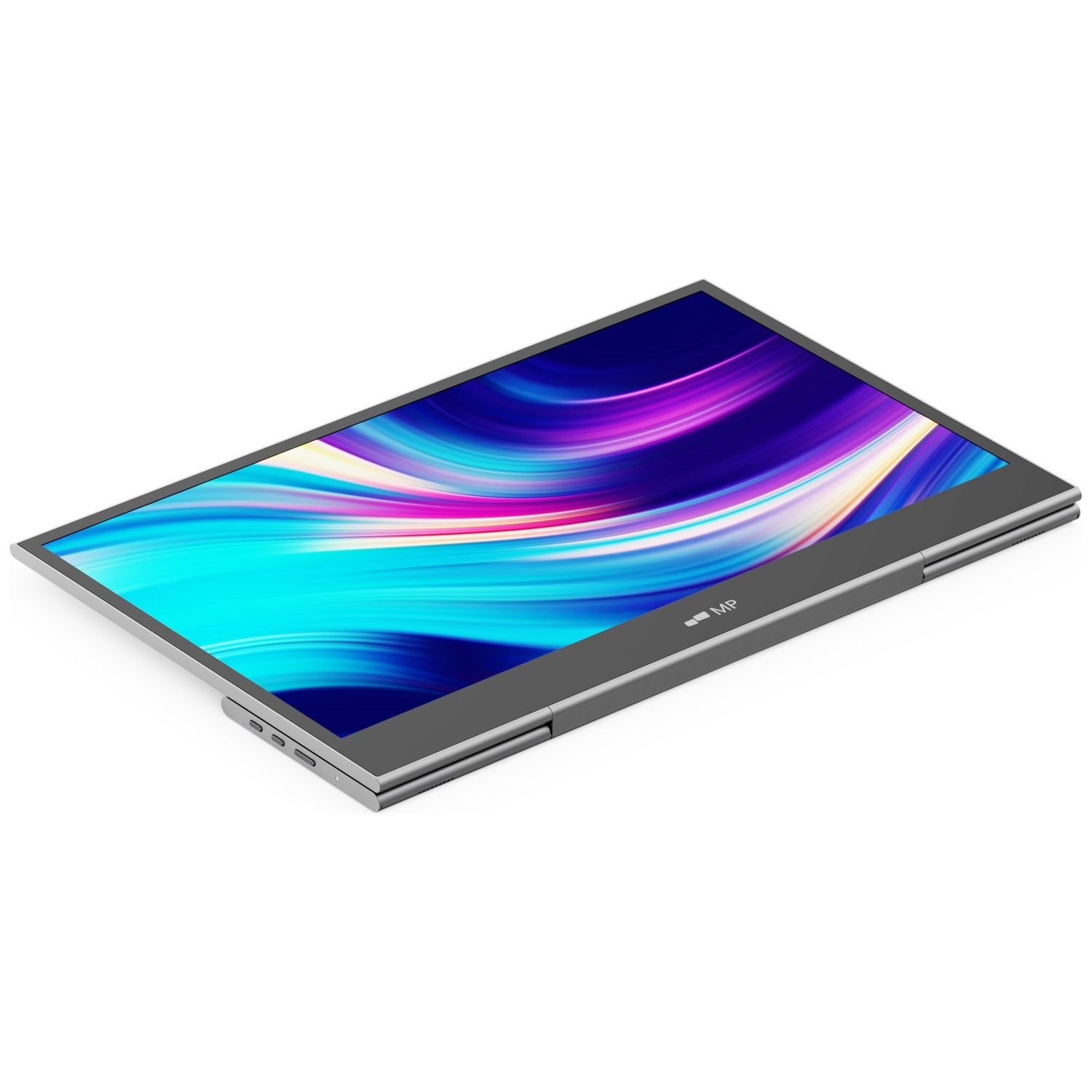 A gray tablet with a screen displaying colorful abstract art. It's angled, showing its side. The background is white.