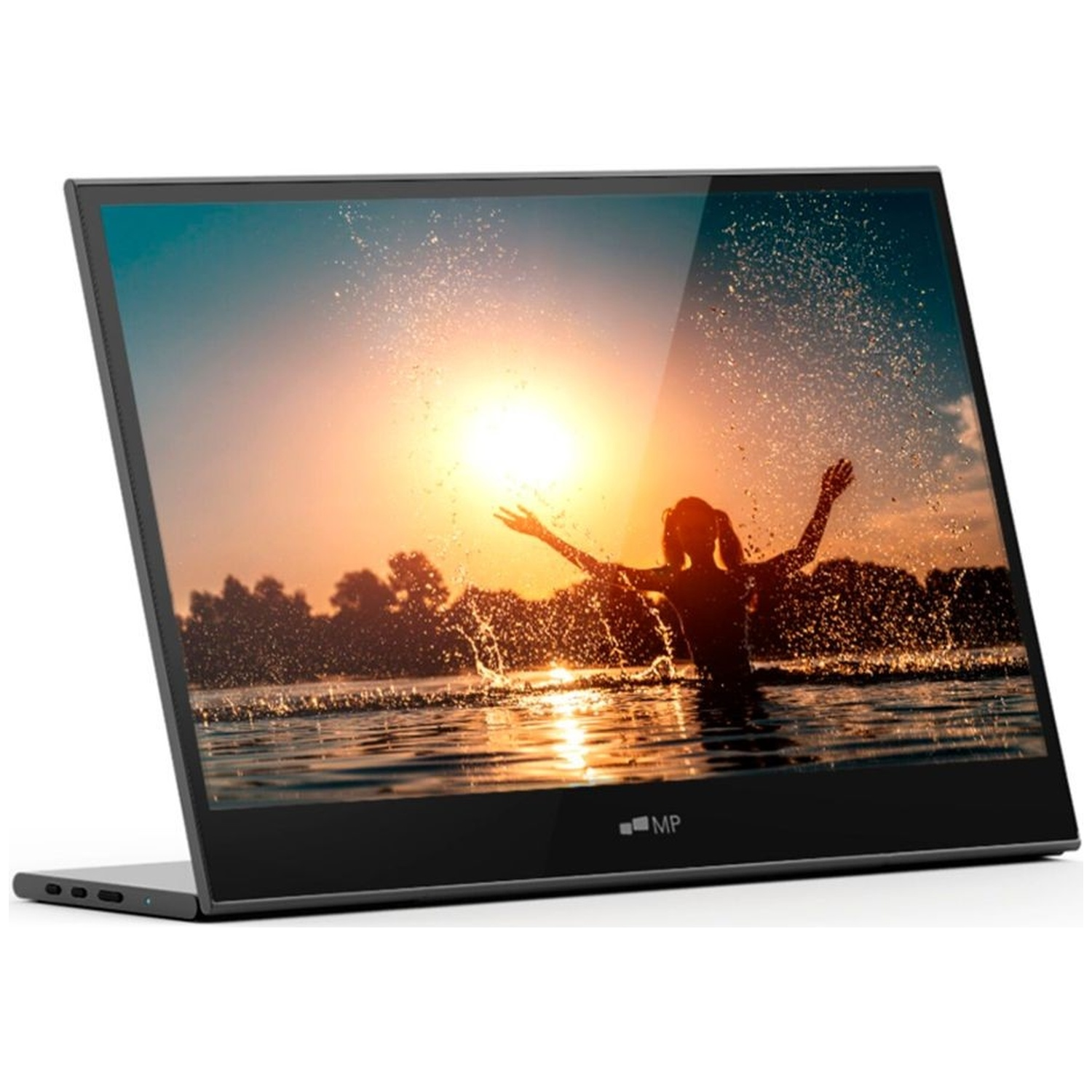 A screen shows a person in water with arms raised toward the sun. Water splashes around them. The screen is propped up.