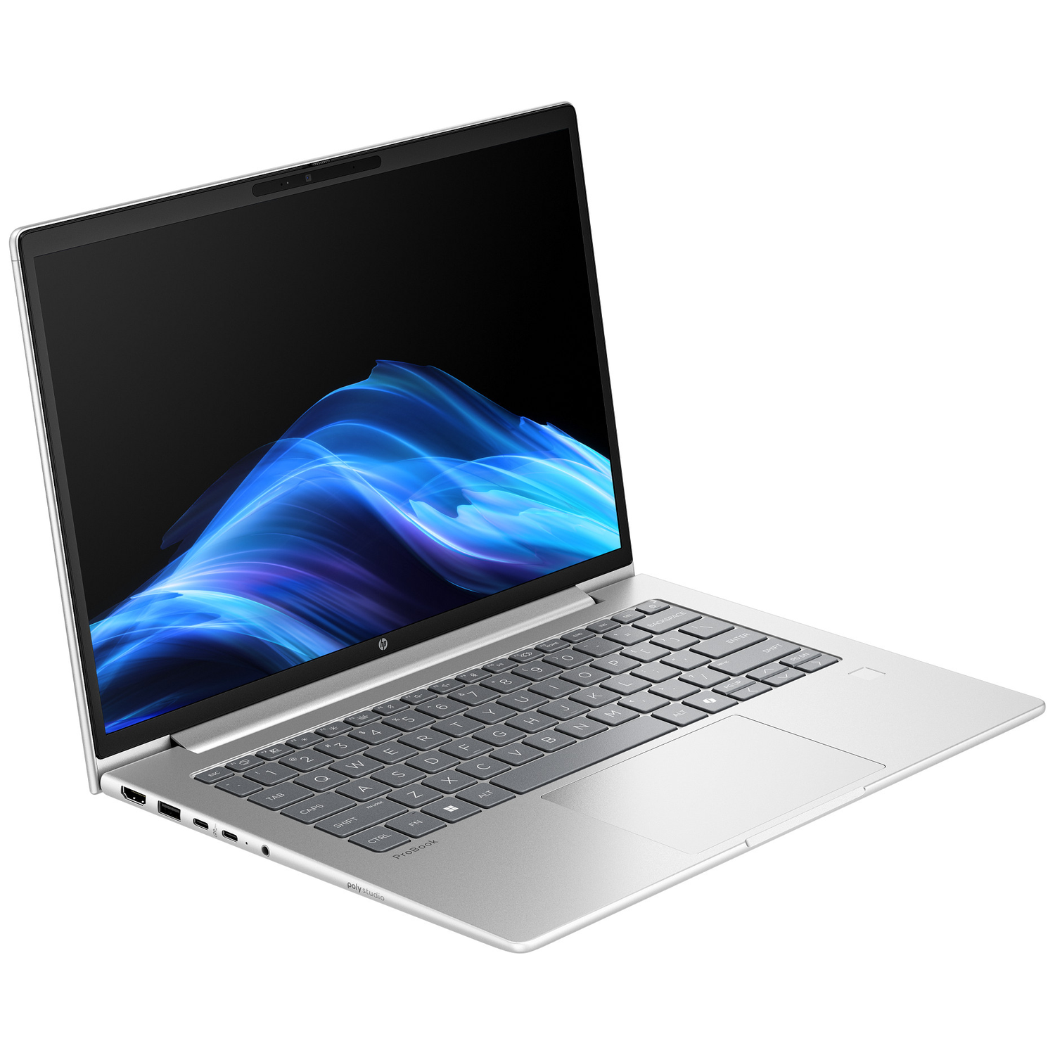 Silver laptop, open, displaying a blue and black abstract image on the screen. Keyboard visible. White background.