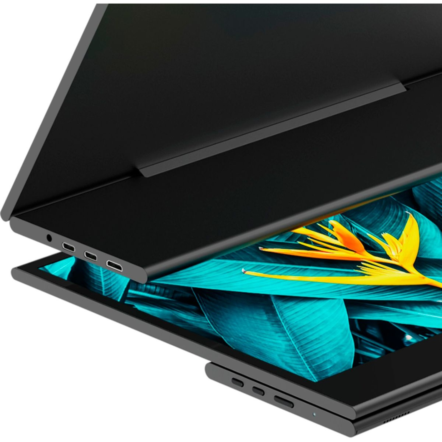 A black portable monitor is open, revealing a vibrant floral background of turquoise leaves and yellow flowers.