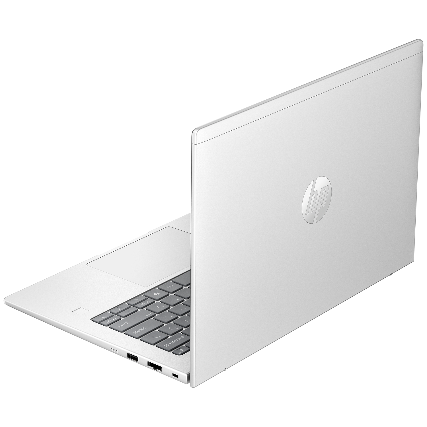 A silver HP laptop is open. The keyboard is visible. The HP logo is on the back. The screen is tilted open to the side.