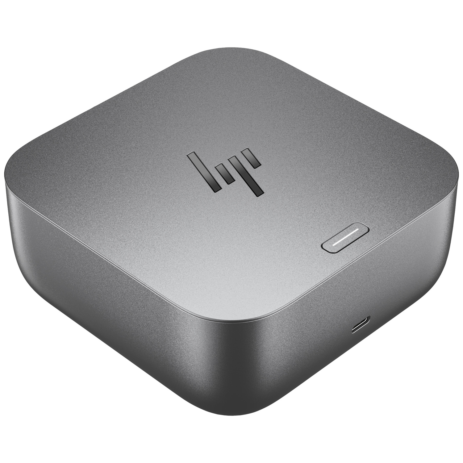 Een grijs vierkant apparaat met afgeronde hoeken. Het heeft een HP-logo, een aan/uit-knop en een USB-poort.