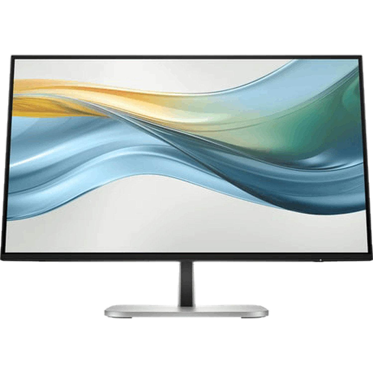 Een computermonitor met een zwart frame. Het scherm toont een golvend patroon van blauwe, gele en groene kleuren tegen een witte achtergrond.