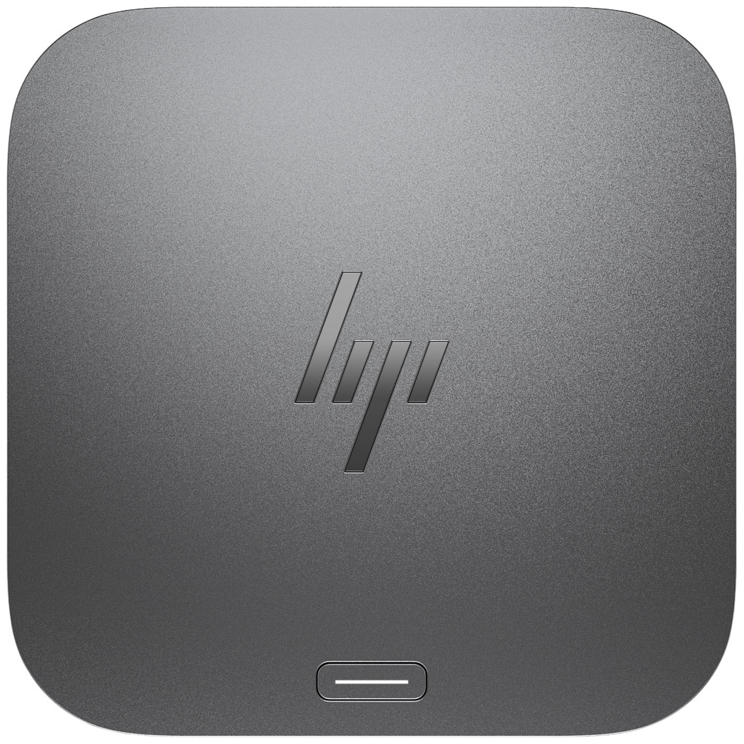 Een donkergrijze HP docking station. Afgeronde hoeken, HP-logo in het midden en een poort onderaan.