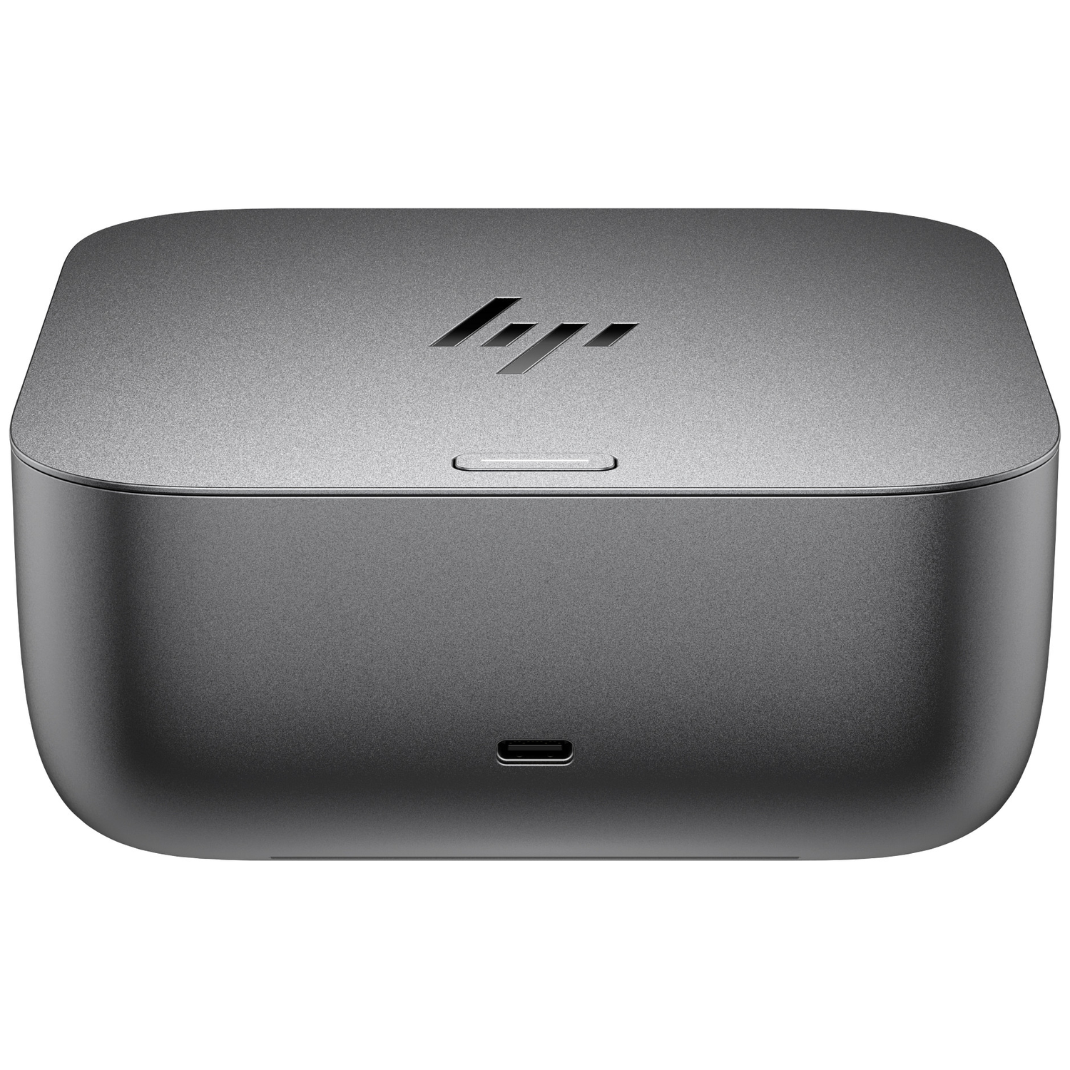 Een grijze HP docking station. Het heeft afgeronde hoeken, een USB-C-poort en een HP-logo. Het oppervlak heeft een getextureerde afwerking.