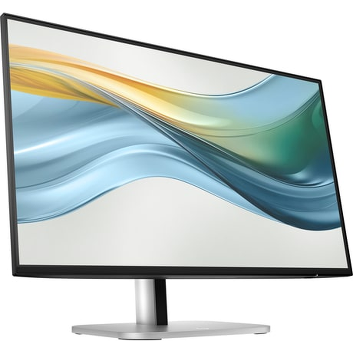 Een computermonitor wordt in een hoek weergegeven. Het scherm toont een golvend ontwerp in tinten blauw, groen en goud.
