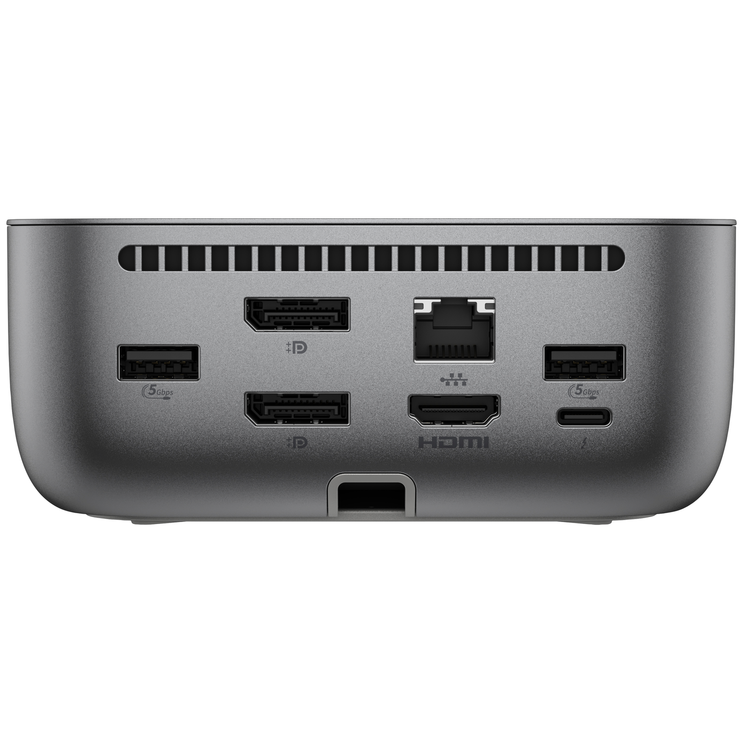 Een grijs apparaat met meerdere poorten. Inclusief HDMI-, USB- en Ethernet-poorten. Het apparaat heeft een afgeronde vorm en een ventilatierooster.