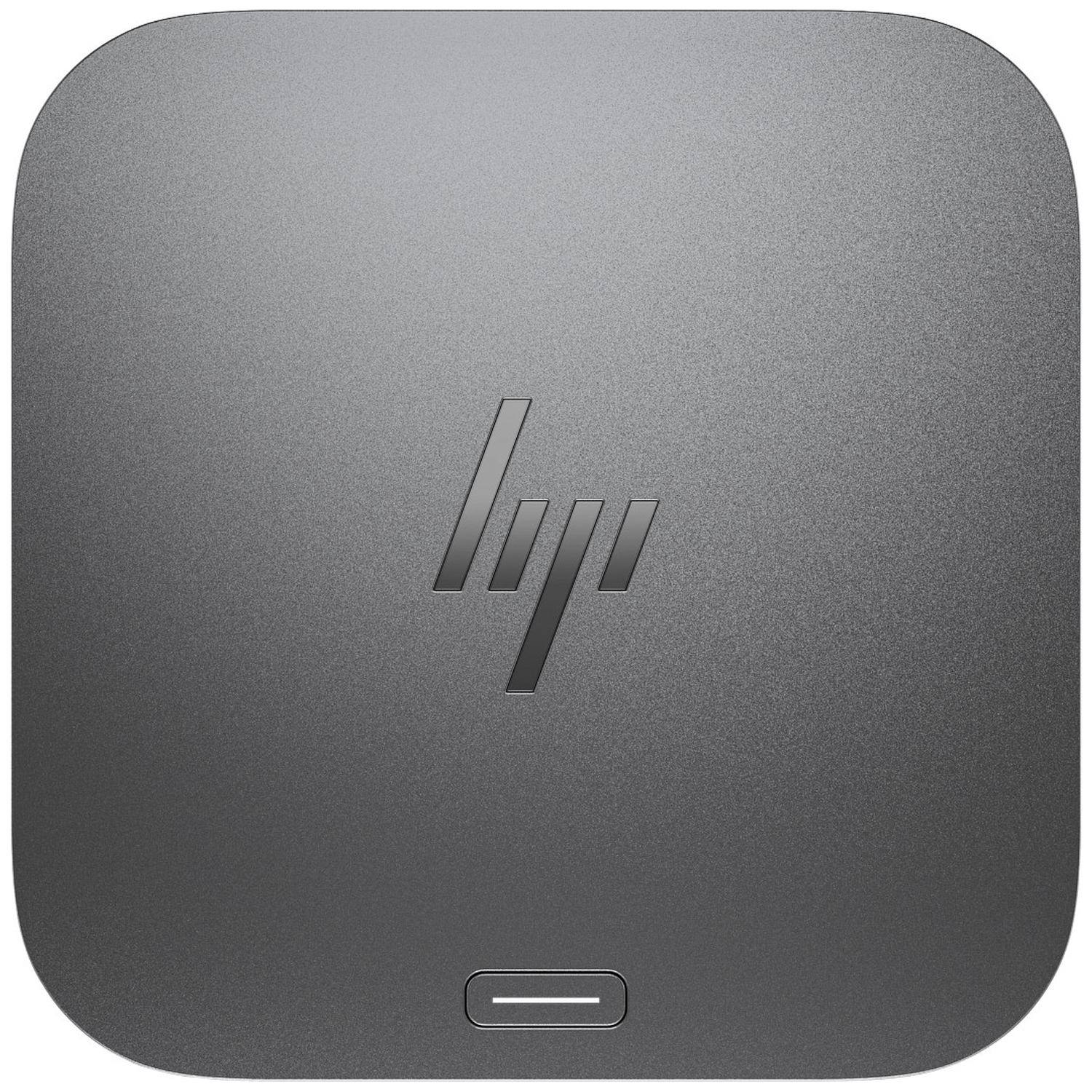 A gray, square HP device with rounded corners. The HP logo is in the center. A thin horizontal line is at the bottom.