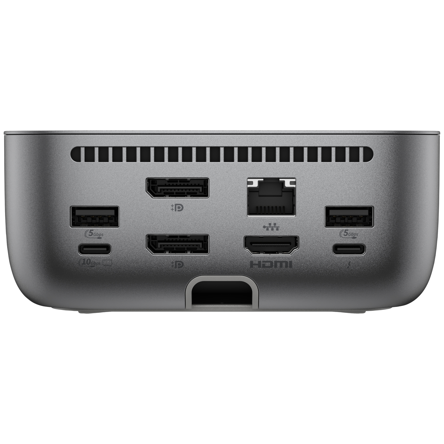 A silver hub device with multiple ports including HDMI, USB-C, and Ethernet. The back has ventilation slots.