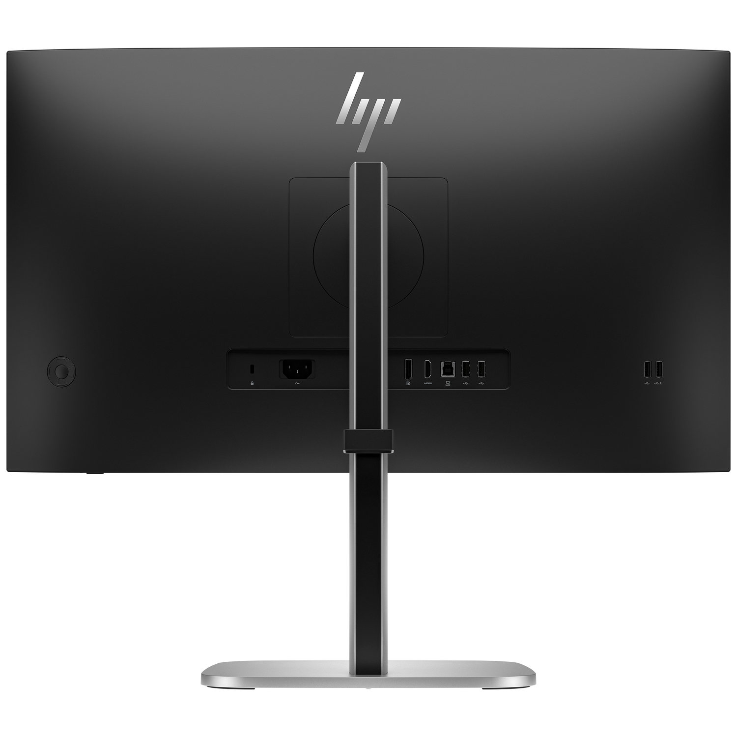 The back of a black HP monitor. It has a silver stand and ports for connections. The HP logo is visible at the top.