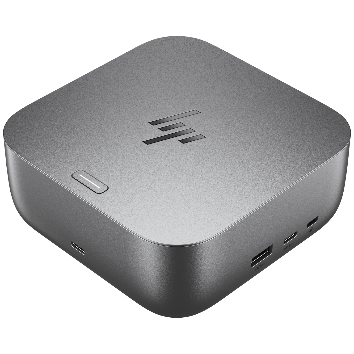 A square, gray HP docking station. It has the HP logo on top and various ports on the sides. It is isolated on a white background.