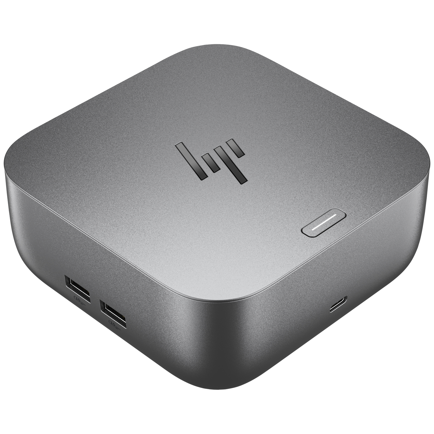 A gray HP docking station. It is square with rounded corners. It has the HP logo, a power button, and various ports.