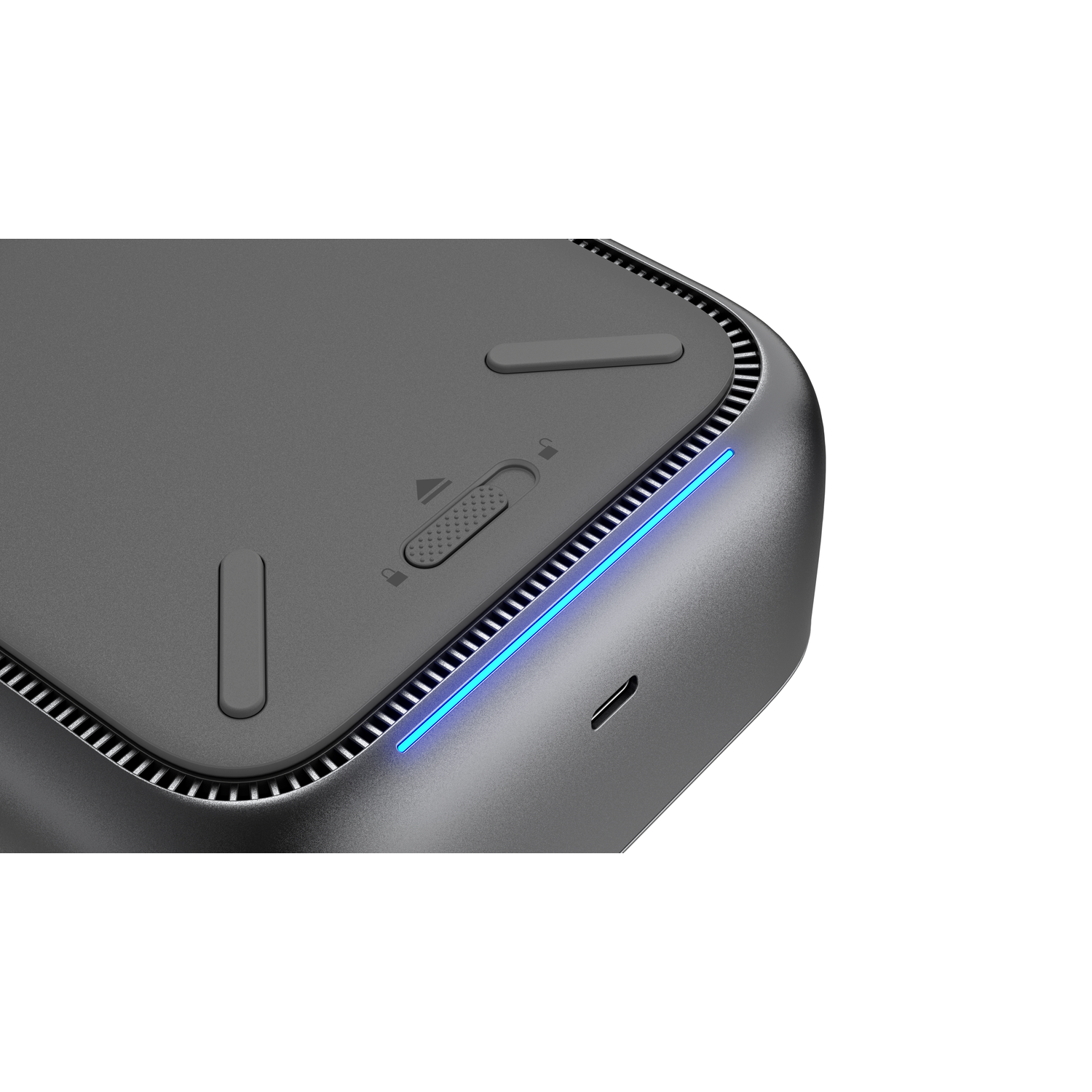 Close-up of a gray device. Features include a power button, a USB port, and a blue LED strip along the edge.
