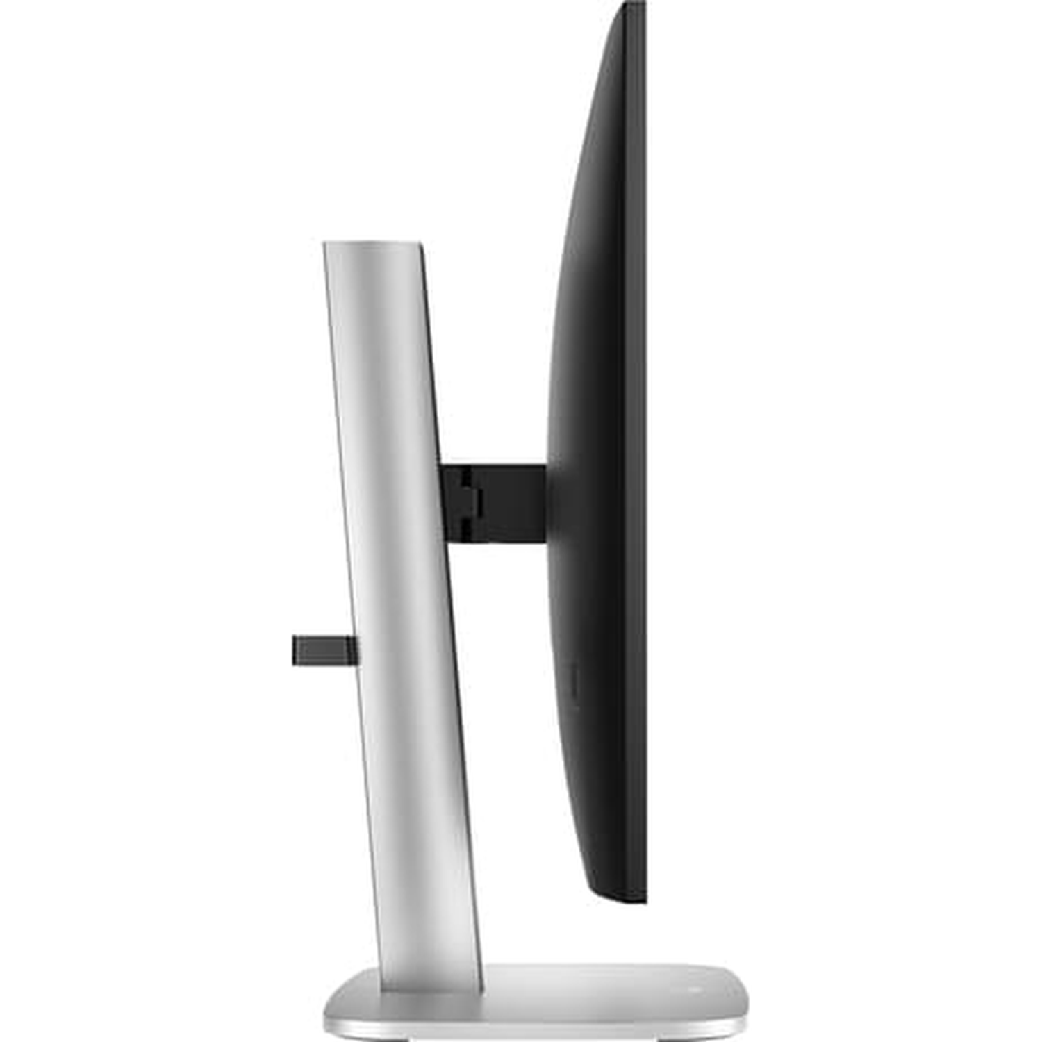 Side view of a computer monitor. The screen is black, with a silver stand. The stand has a curved design, with a small rectangular attachment.