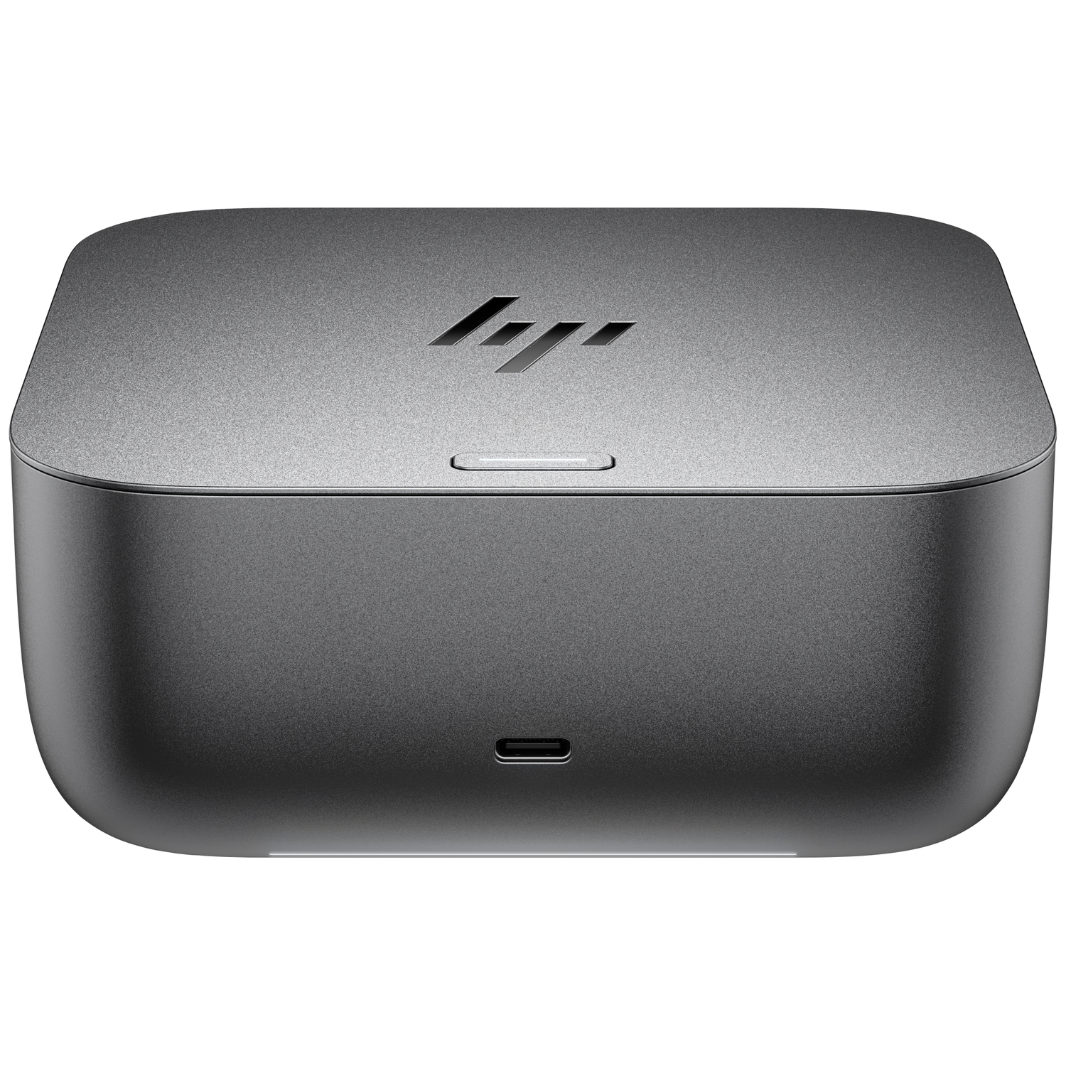 A dark gray HP docking station. It has rounded edges and an HP logo on top. A small port is visible on the front.