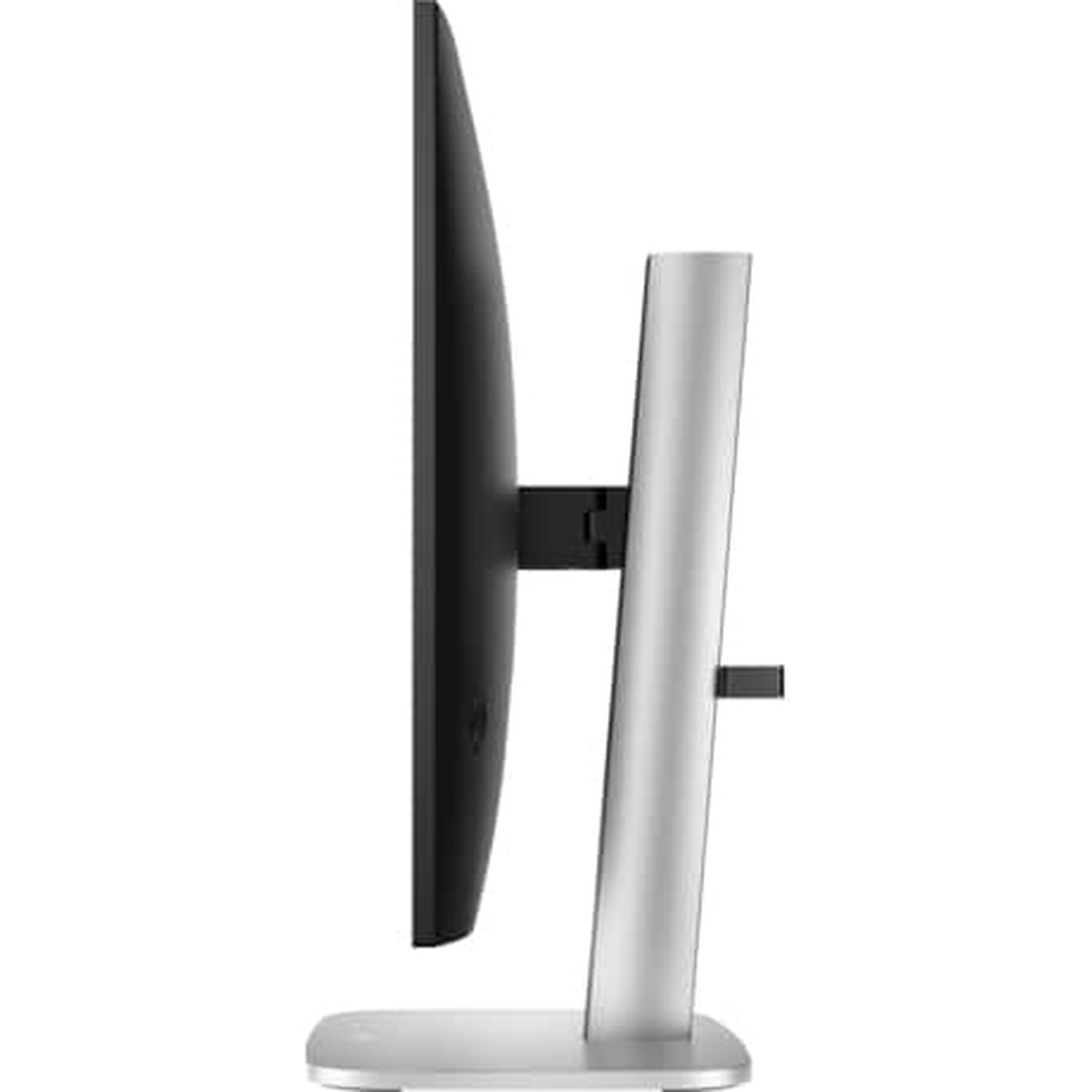 Side view of a computer monitor. The screen is black, with a silver stand. The monitor is on a white surface.