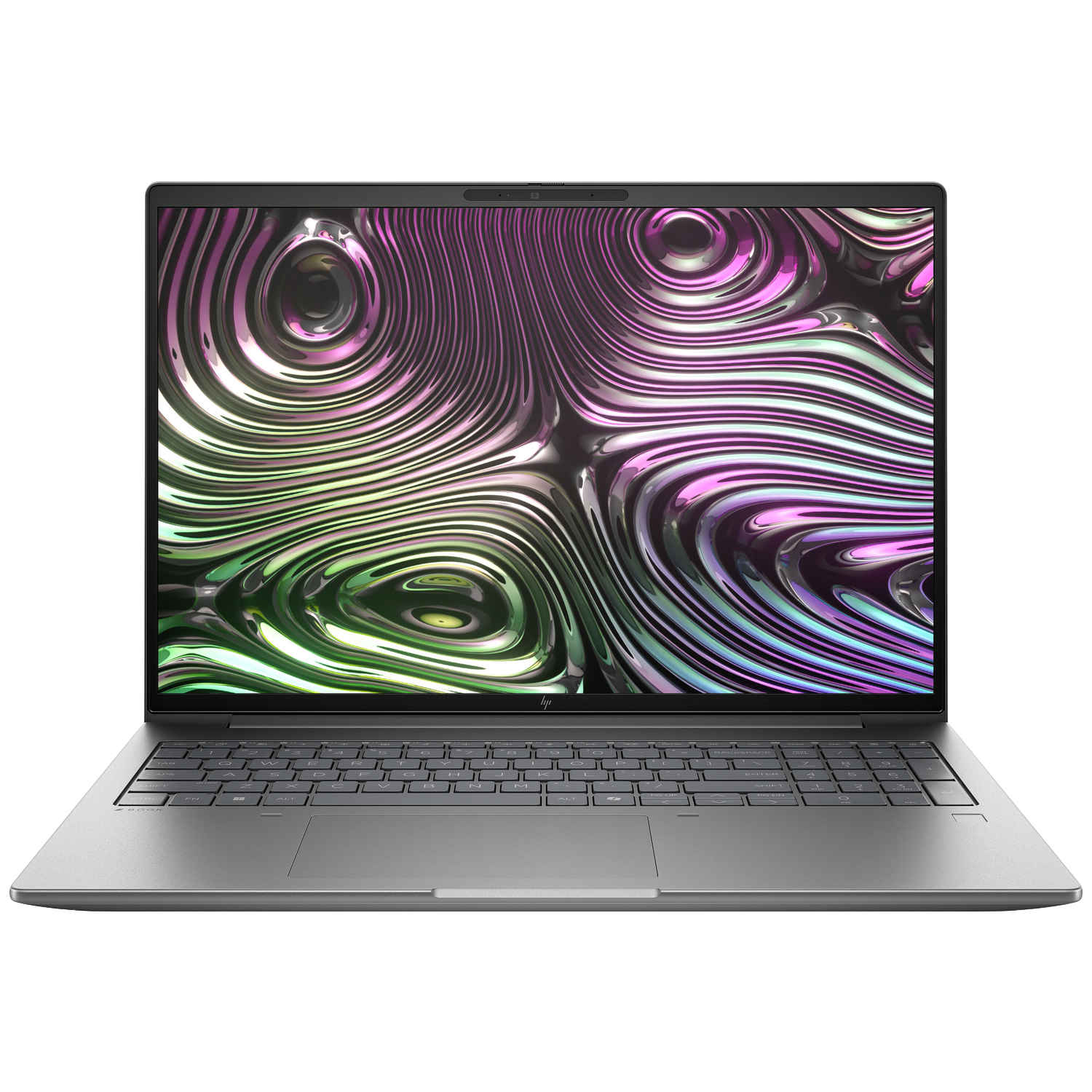 Open laptop met abstracte wervelende kleuren op het scherm. Toetsenbord en touchpad zichtbaar. Zilveren frame. Witte achtergrond.