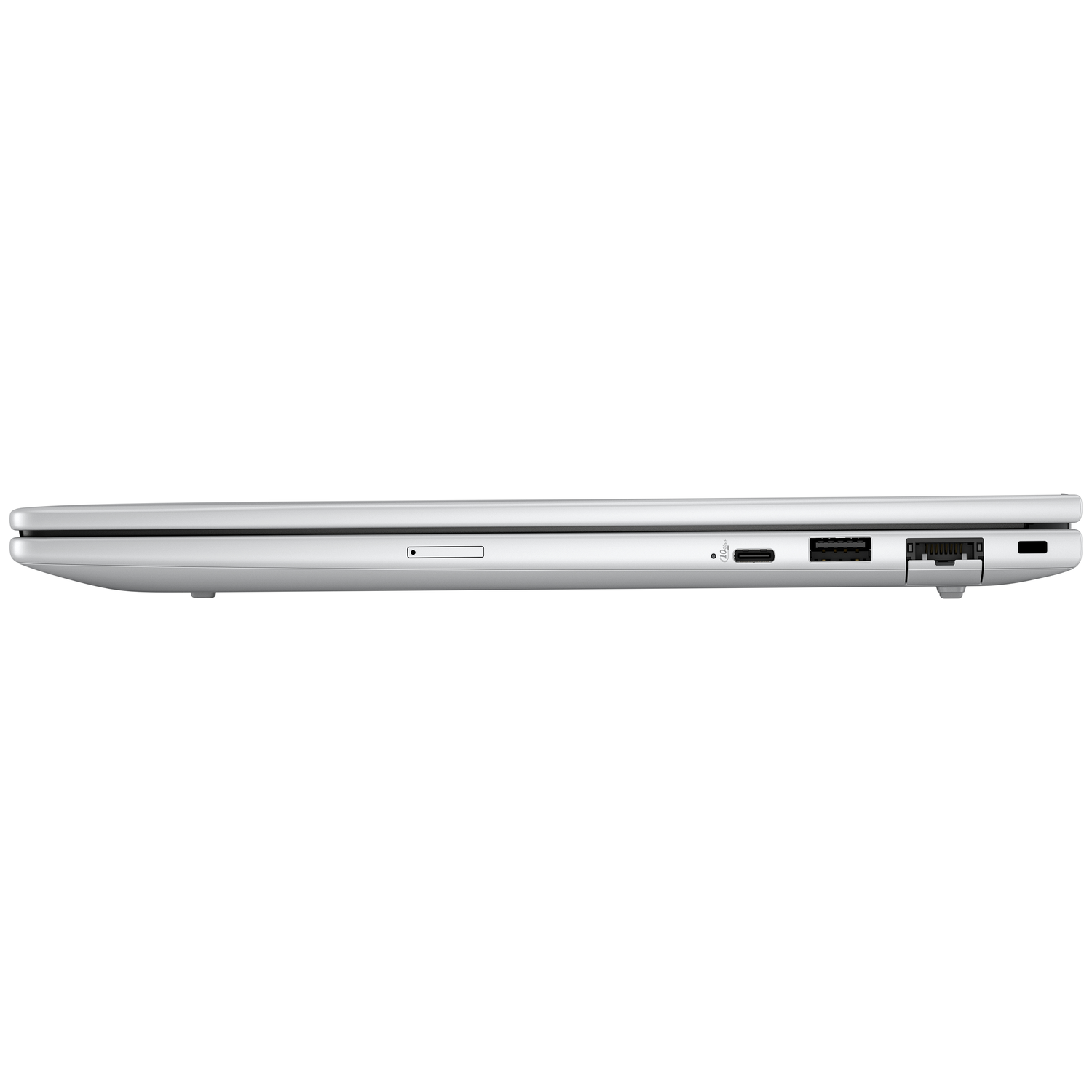Zijaanzicht van een zilveren laptop. Zichtbare poorten zijn een kaartlezer, USB-C, USB en een netwerkpoort.