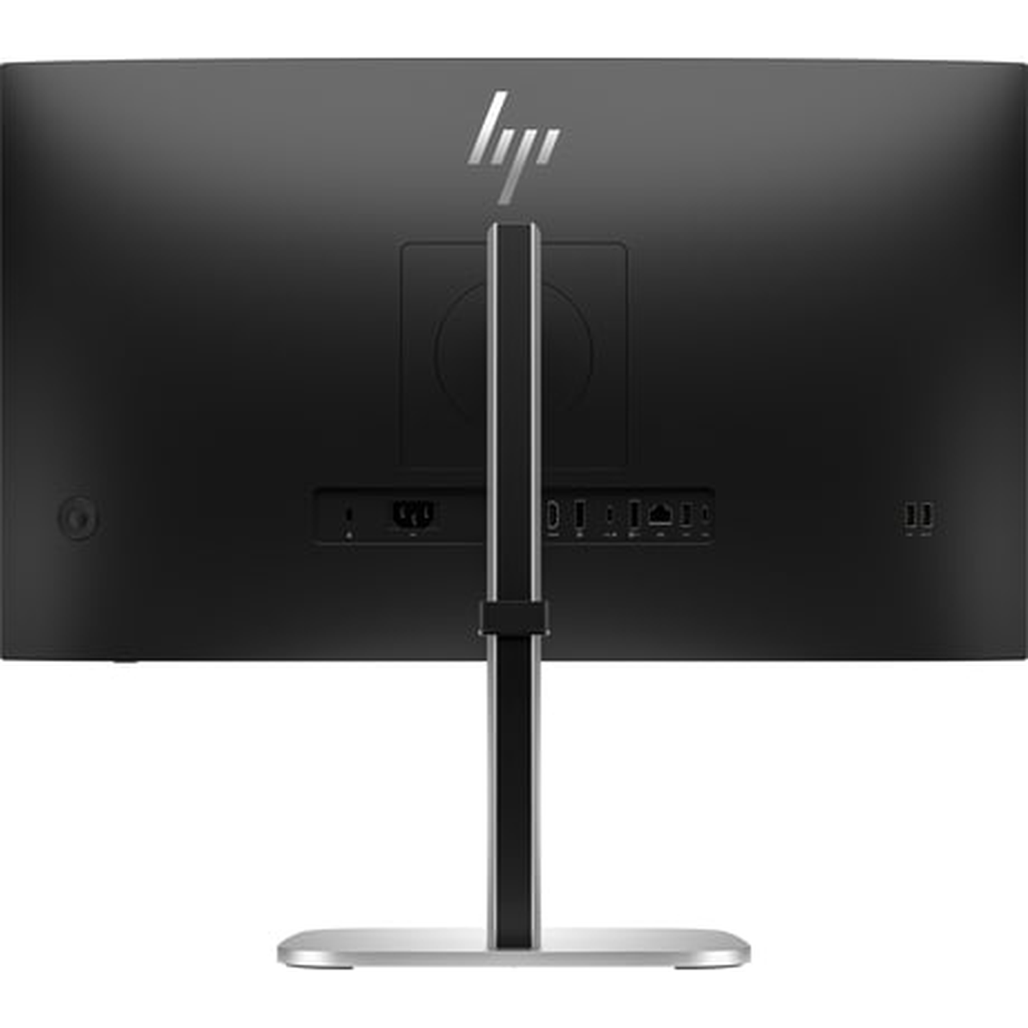 The back of a black HP monitor. It has a stand, ports, and the HP logo. The stand is silver and the base is rectangular.
