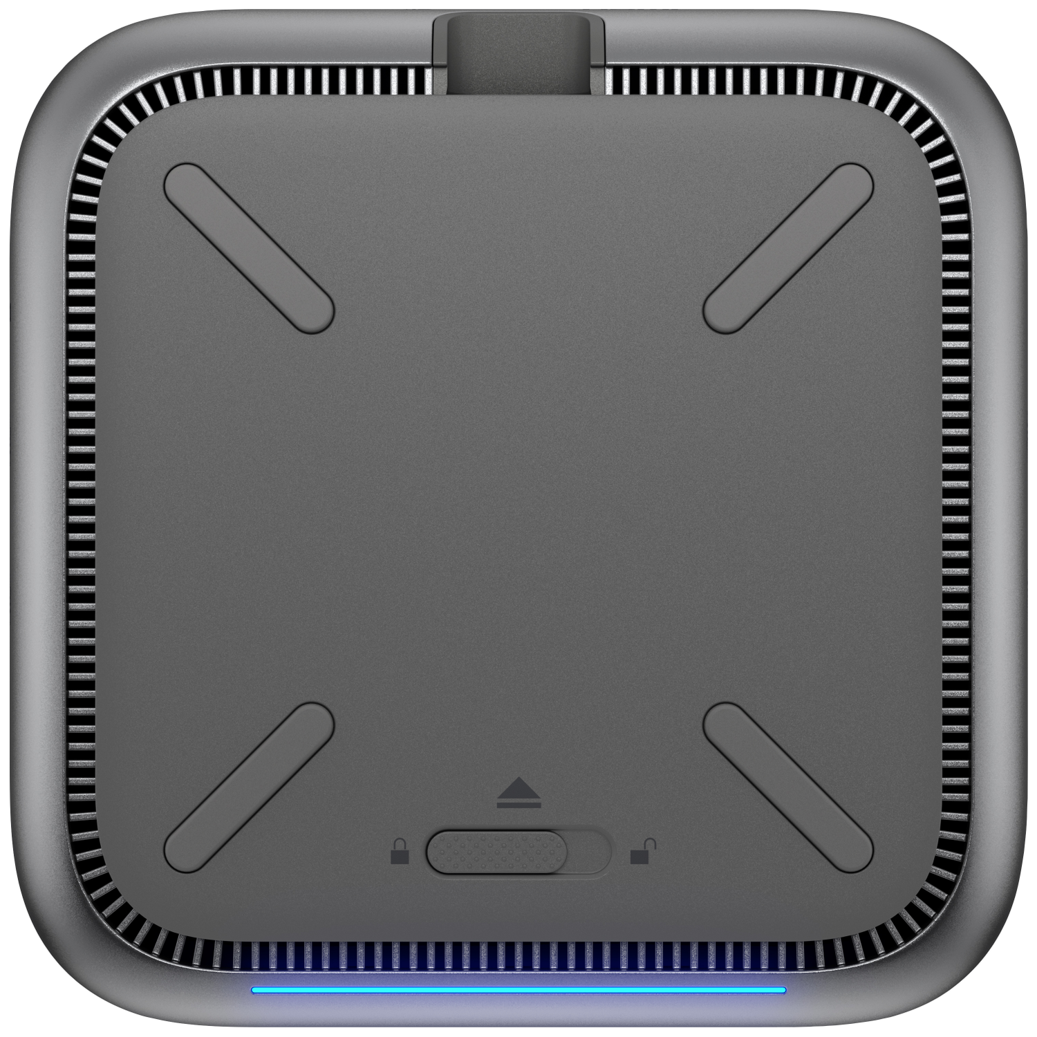 A gray, square device with a dark gray top, ventilation grilles, and a blue light at the bottom. Features a slider and lock icons.