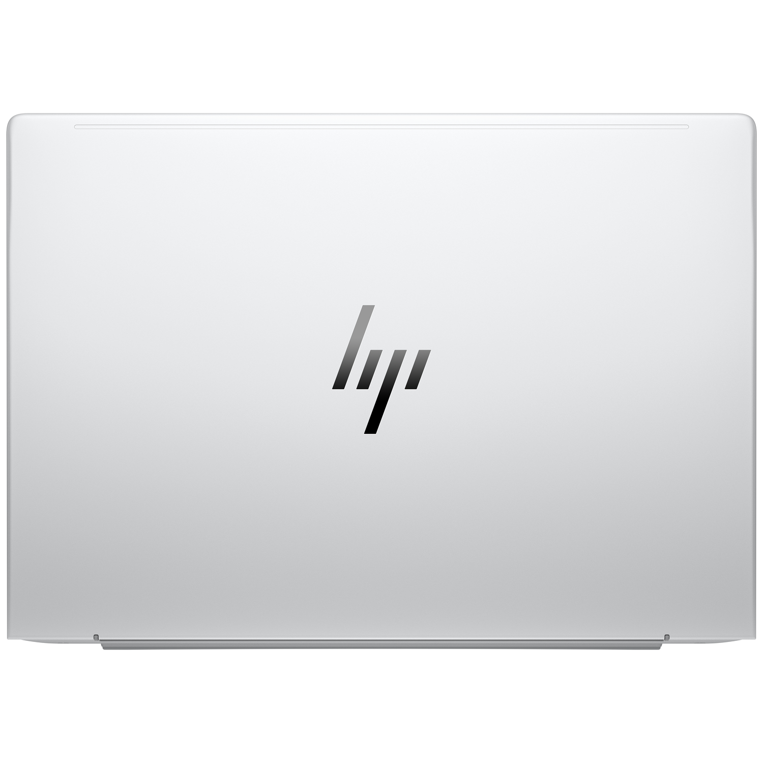 De achterkant van een zilveren HP-laptop. Het HP-logo is zwart in het midden. De laptop is gesloten en op een witte achtergrond.