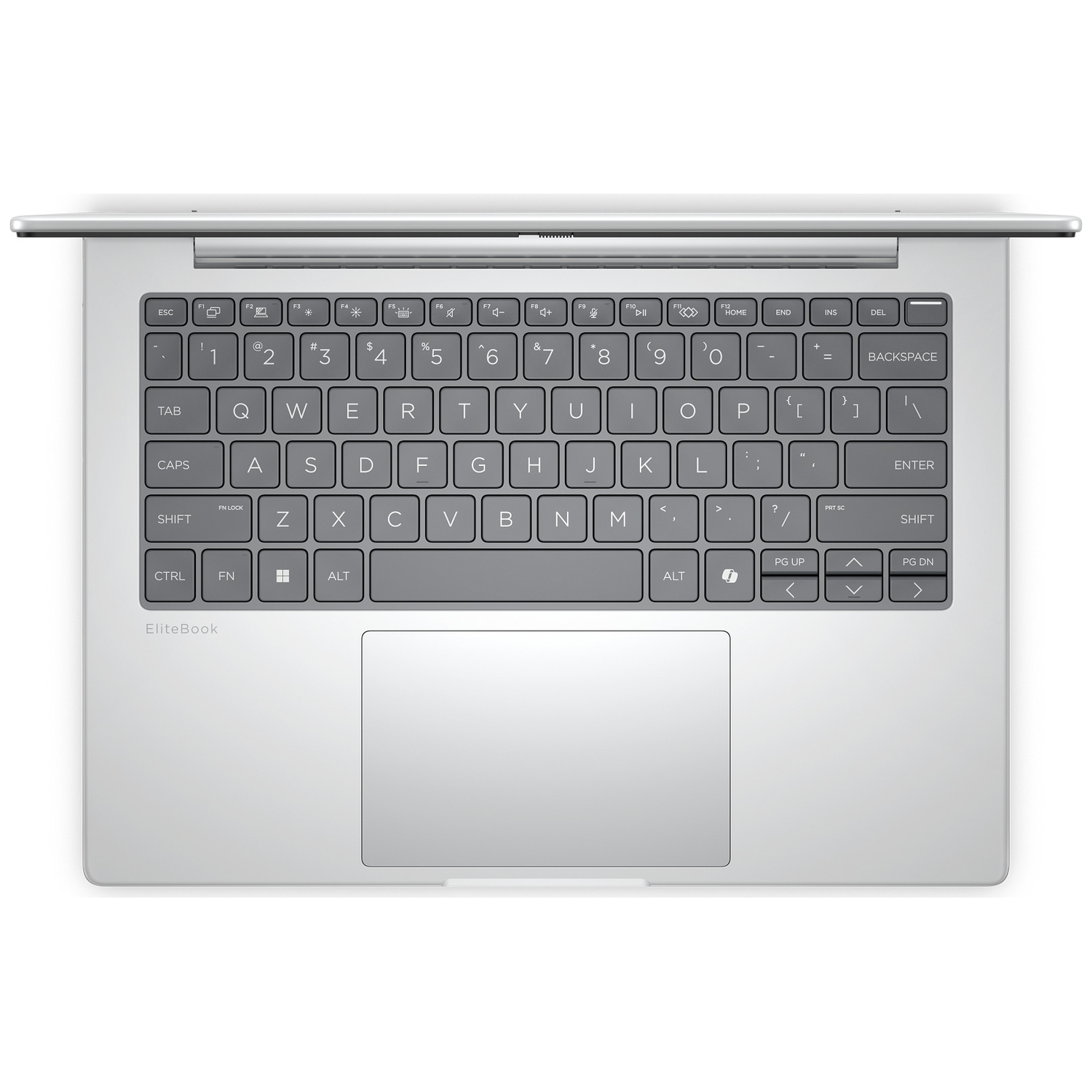 Bovenaanzicht van een zilveren laptop. Toetsenbord met grijze toetsen en een touchpad. Het scherm is open.