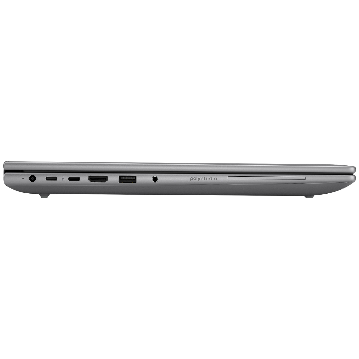 Zijaanzicht van een zilveren laptop. Poorten zijn USB, HDMI en audio jack. De merknaam 'polystudio' is zichtbaar.