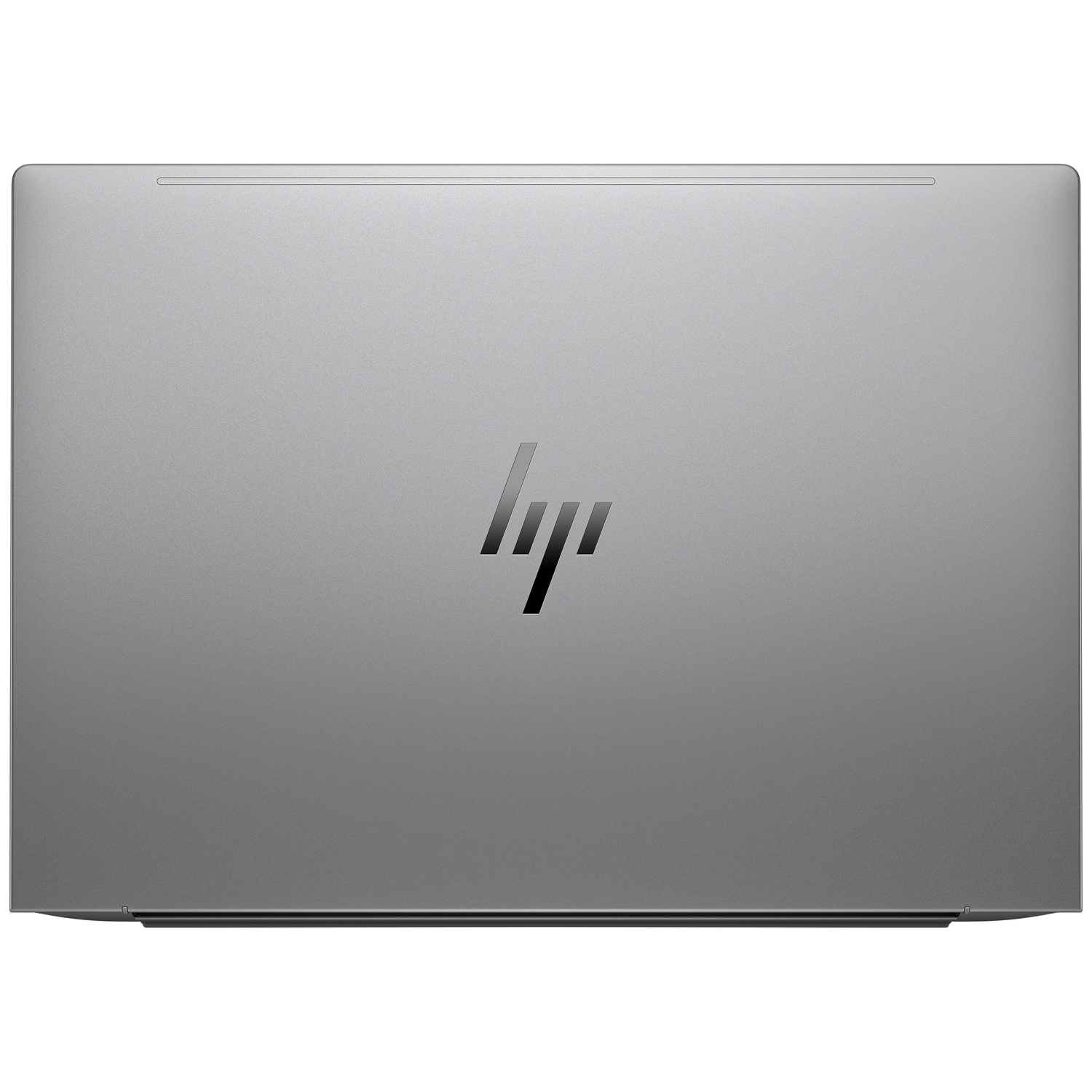Een gesloten, zilveren HP-laptop. Het HP-logo staat rechtsonder. De bovenkant heeft een kleine groef.