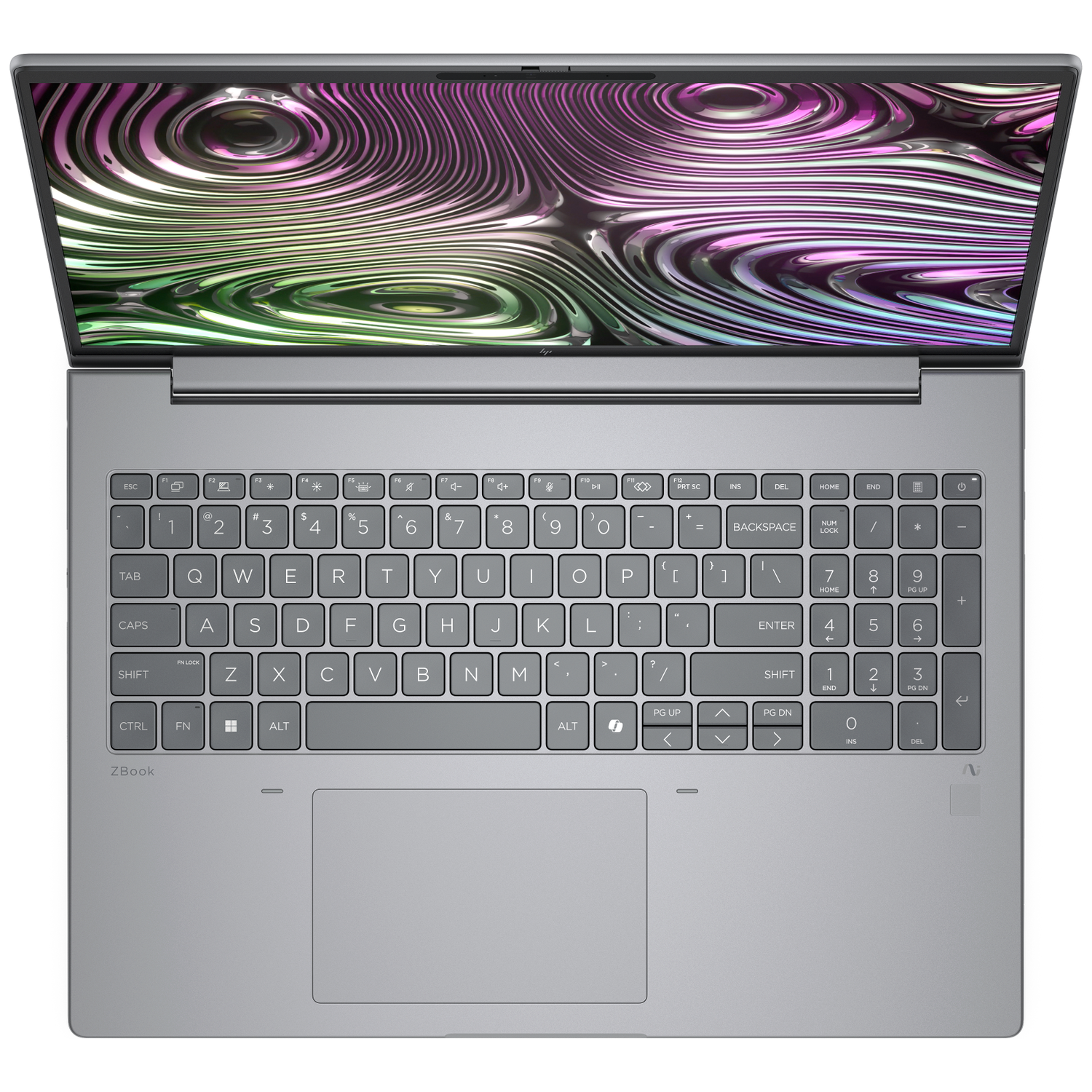 Open grijze laptop, toetsenbord zichtbaar. Scherm toont een kleurrijk, abstract patroon. Touchpad en toetsen zichtbaar.
