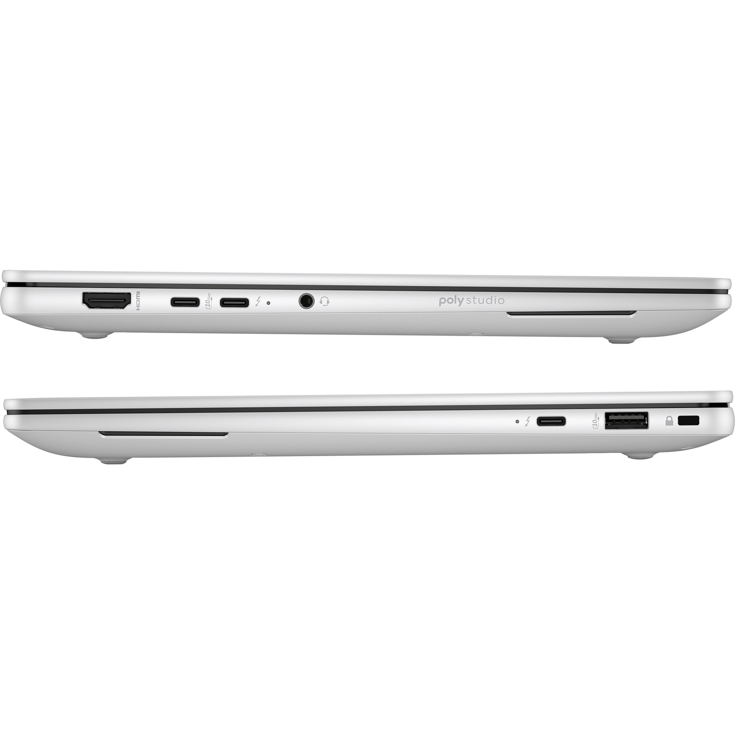Two silver laptops are shown side by side. Each laptop displays ports for various connections, including HDMI, USB, and audio.