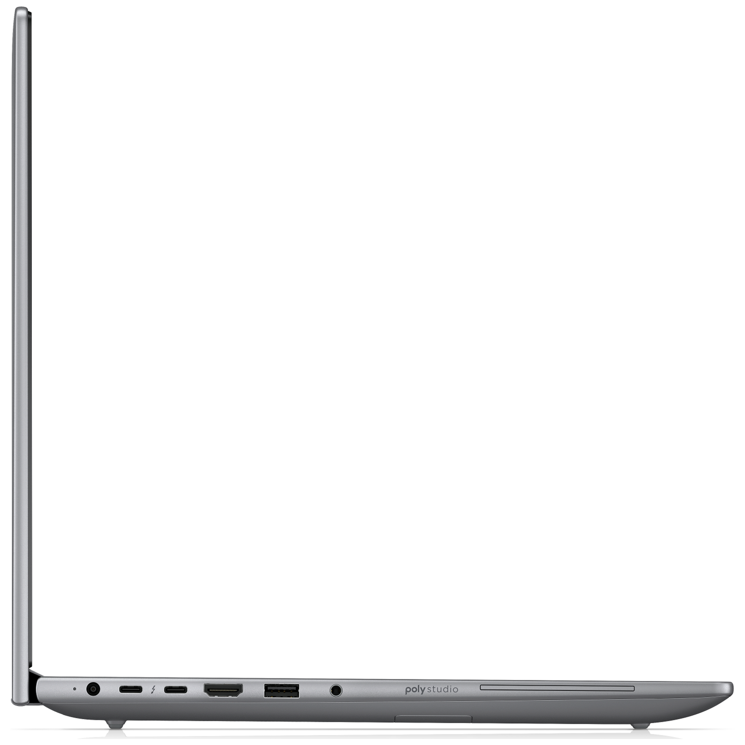 Zijaanzicht van een grijze laptop met diverse poorten zichtbaar. De laptop staat op een witte achtergrond.