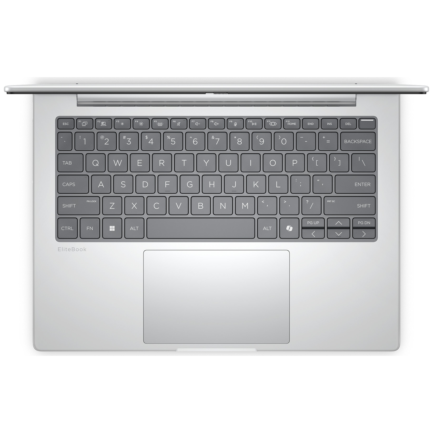 Overhead view of a silver laptop with a grey keyboard. The screen is open, displaying the keyboard and trackpad.